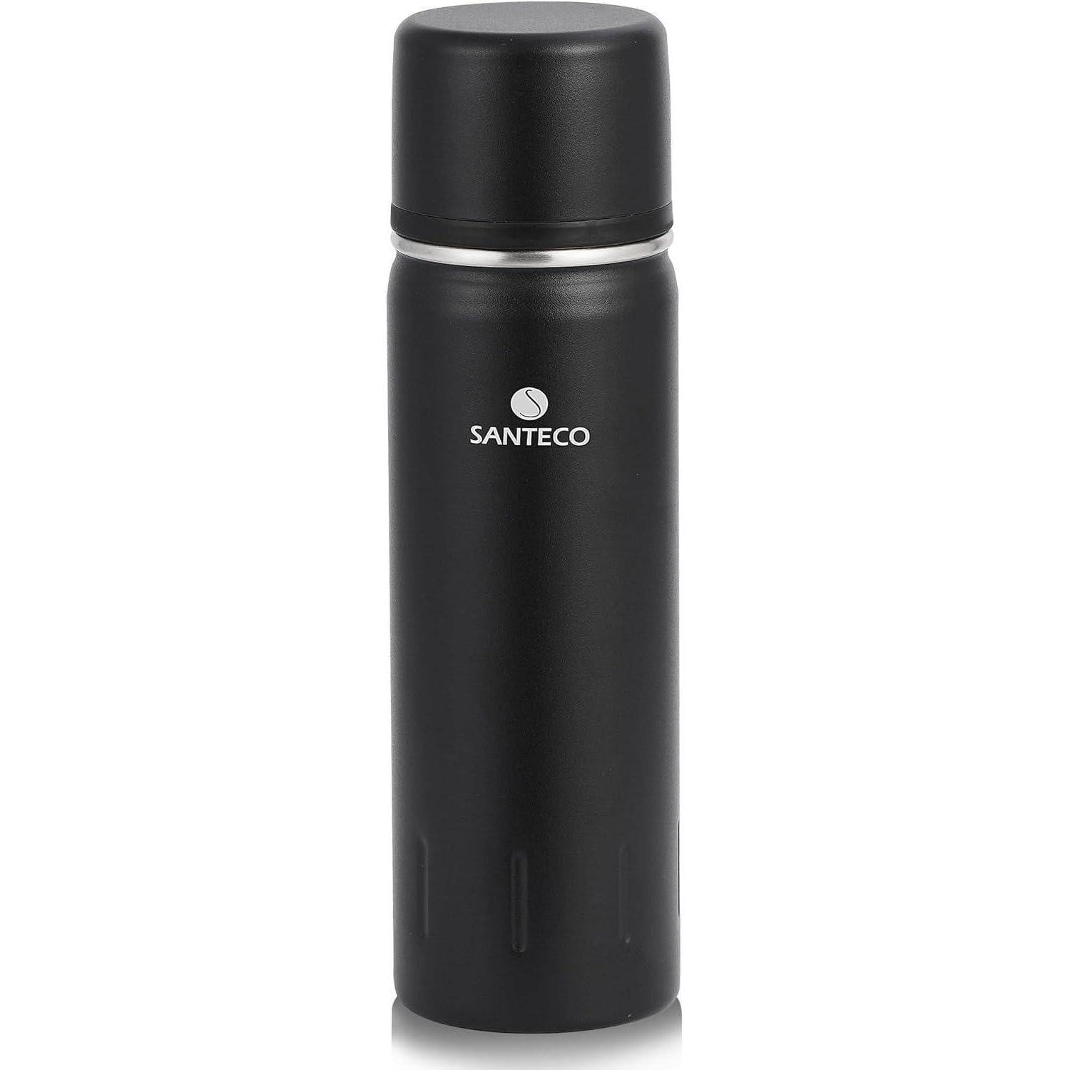 Schwarze Santeco Thermoflasche mit Deckel, geeignet für heiße oder kalte Getränke.