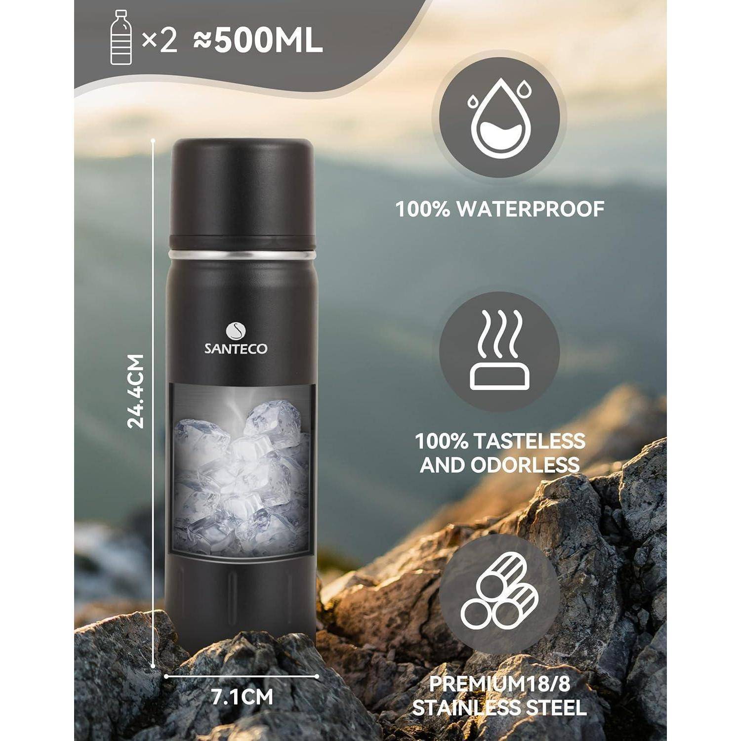 Edelstahl-Thermosflasche auf felsiger Oberfläche, mit Eigenschaften wie 100% wasserdicht, geschmacklos, geruchlos und Premium-Material 18/8, fasst 500 ml.