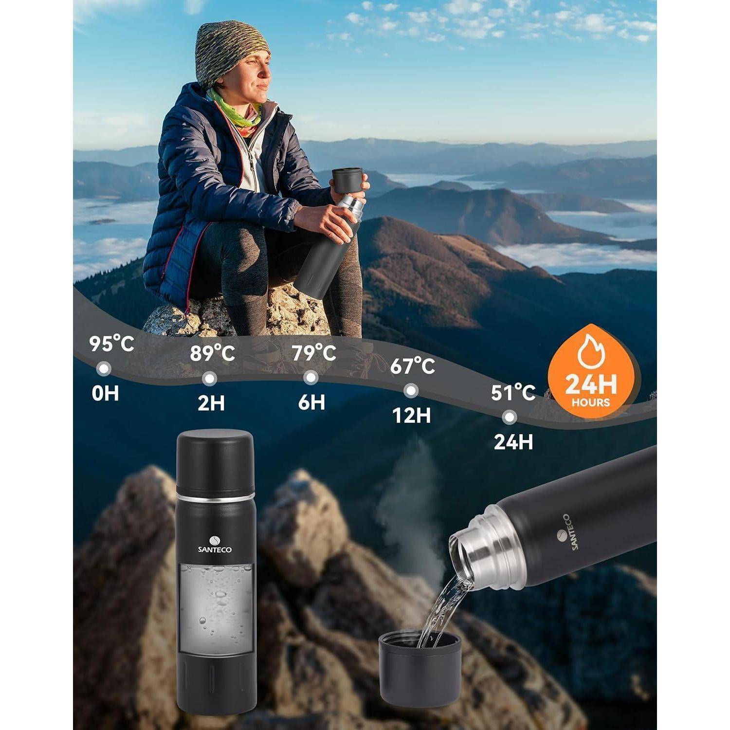 Person in Outdoorausrüstung sitzt auf einem Berg mit einem heißen Getränk. Grafik zeigt einen Thermobecher, der Temperaturen von 95°C bei 0h bis 51°C bei 24h aufrechterhält.