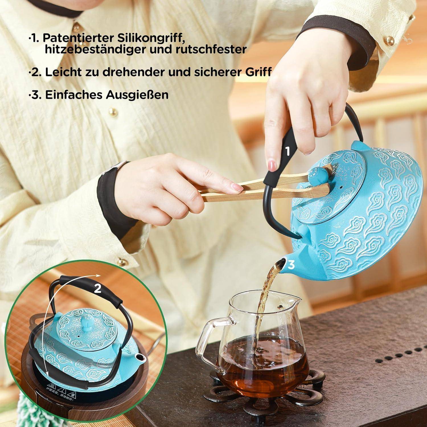 Teekanne Gusseisen Teesieb lose Blätter 800 ml Wolkenmuster Himmelblau