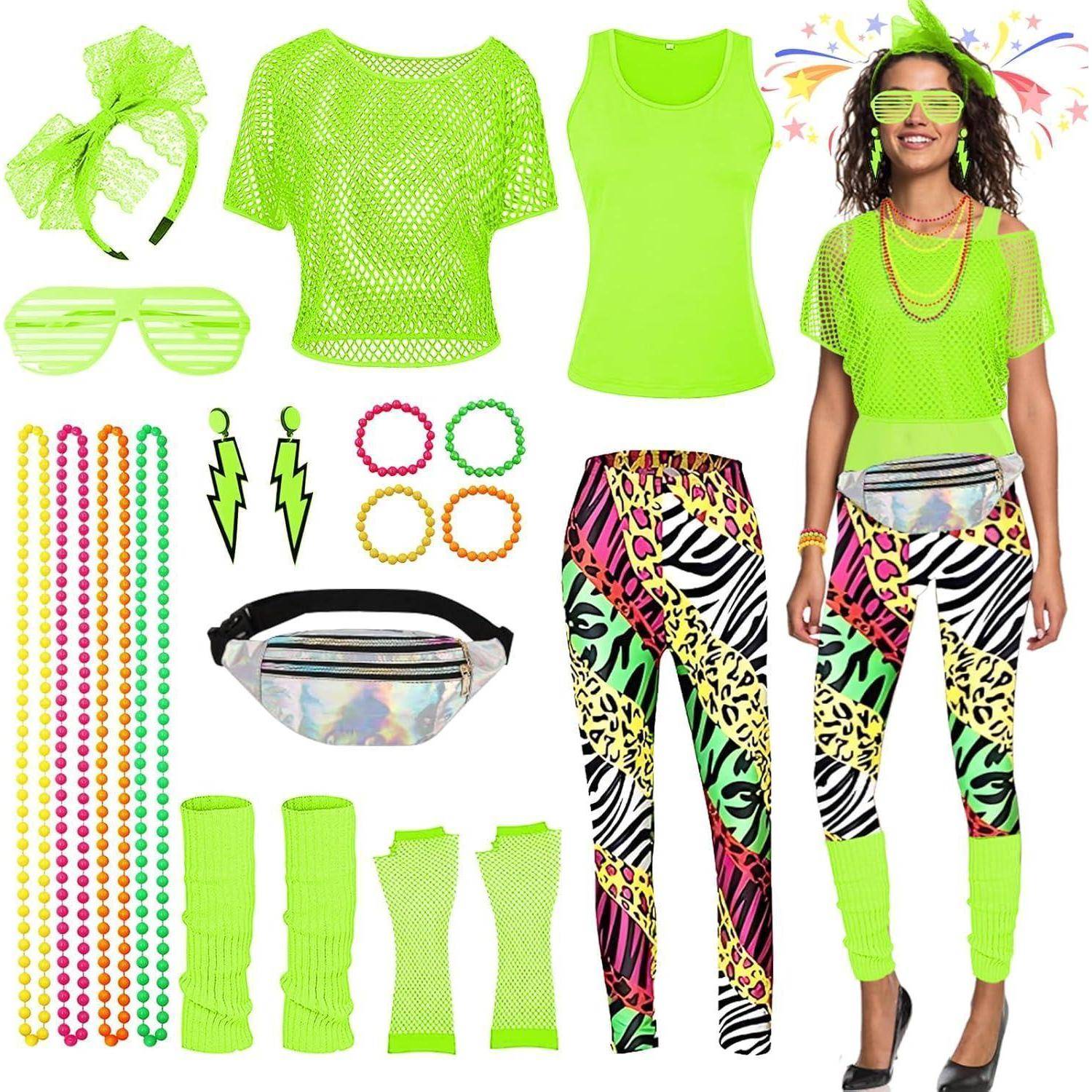 80er 90er Jahre Damen Retro Outfit Set XL Rot Neon Disco Party
