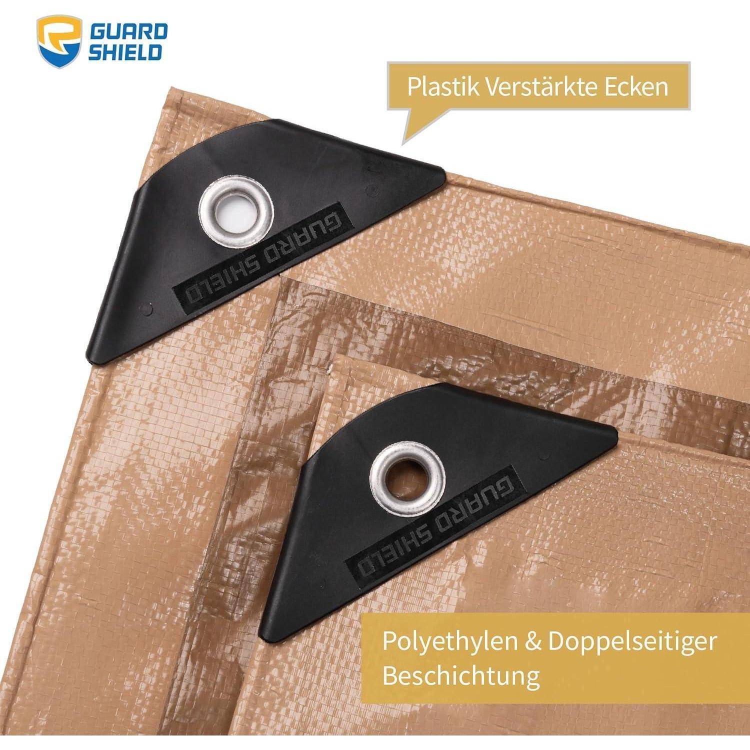 Brauner Plane mit schwarzen verstärkten Ecken, beschriftet mit 'GUARD SHIELD'. Text lautet 'Kunststoff verstärkte Ecken' und 'Polyethylen & Doppelseitige Beschichtung'.