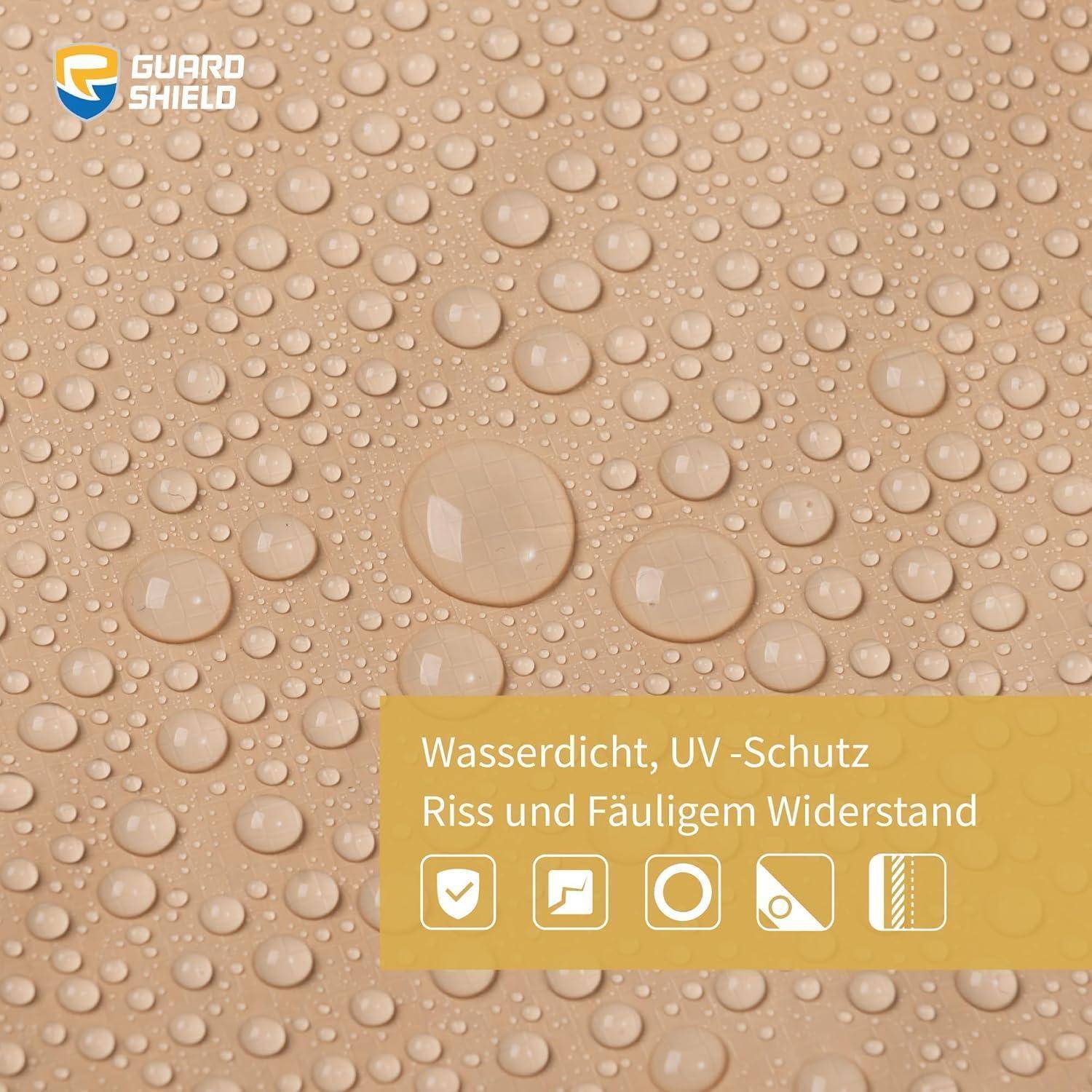 Guard Shield-Logo in der oberen linken Ecke. Beige Oberfläche mit Wassertropfen. Überlagerung liest: 'Wasserdicht, UV-Schutz, Riss- und Fäulnisbeständig.