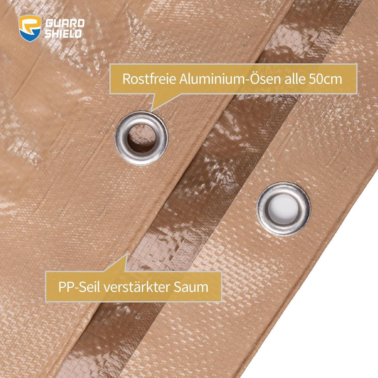 Eine Nahaufnahme einer braunen Plane mit dem 'Guard Shield' Logo, die rostfreie Aluminium-Ösen in einem Abstand von 50 cm und mit PP-Naht verstärkte Kanten zeigt.