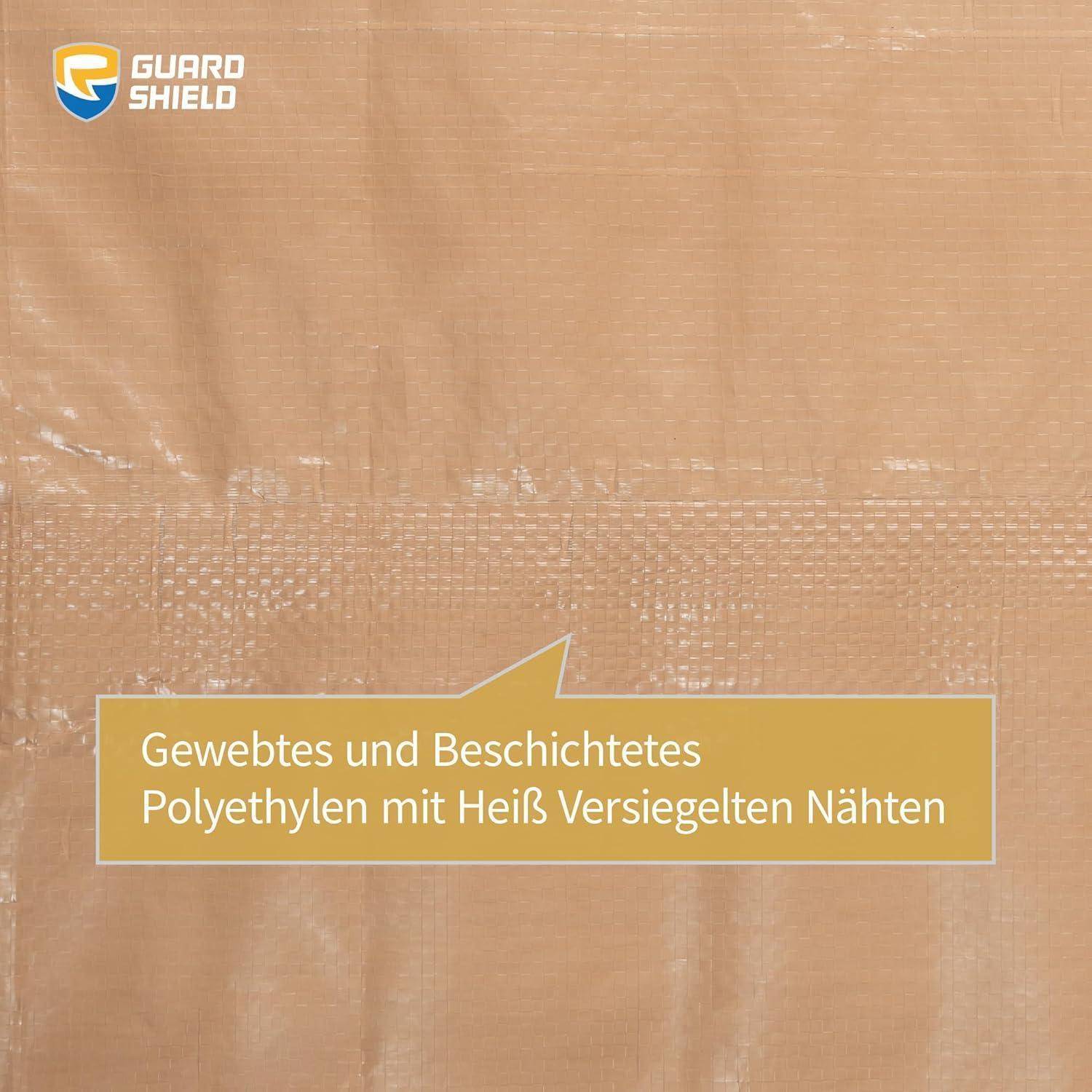 Das Bild zeigt das Guard Shield Logo in der oberen linken Ecke und eine strukturierte Gewebeoberfläche mit einer Beschriftung, die 