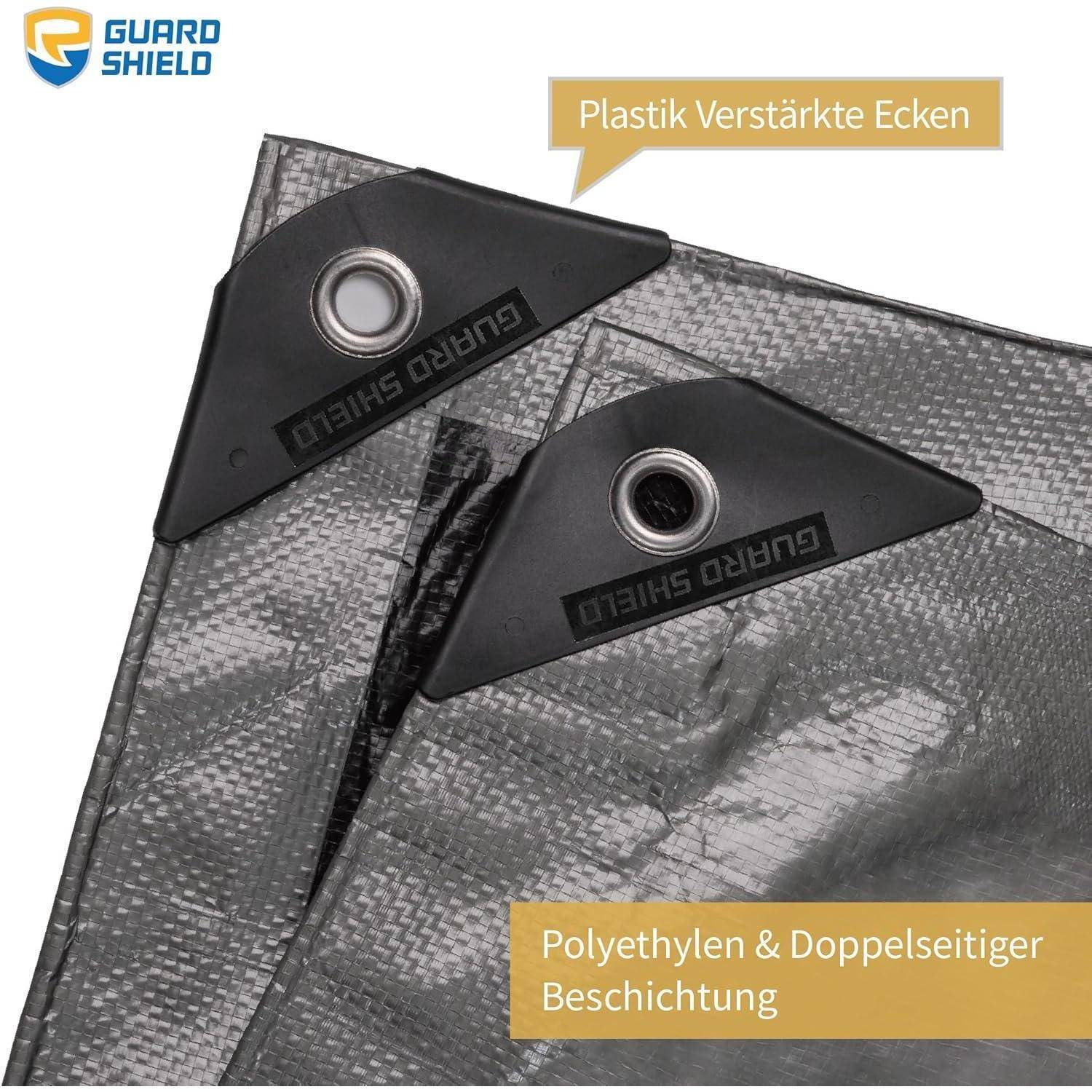 Schwarze und graue Plane mit verstärkten Plastikecken. Etiketten auf Deutsch lesen 'Plastik Verstärkte Ecken' und 'Polyethylen & Doppelseitiger Beschichtung'.