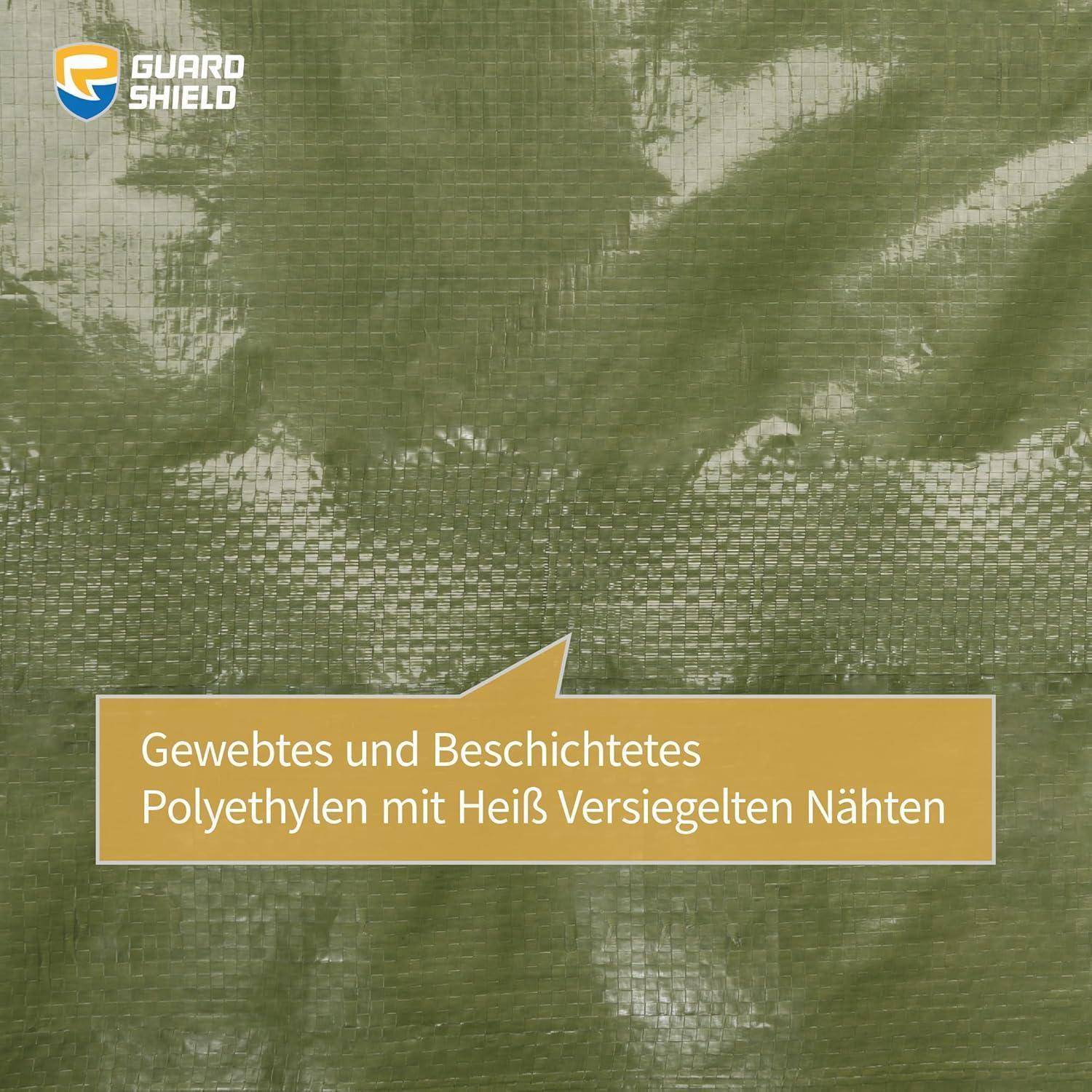 Eine hellgrüne strukturierte Oberfläche mit der Beschriftung 'Gewebtes und Beschichtetes Polyethylen mit Heiß Versiegelten Nähten' mit einem Guard Shield Logo.