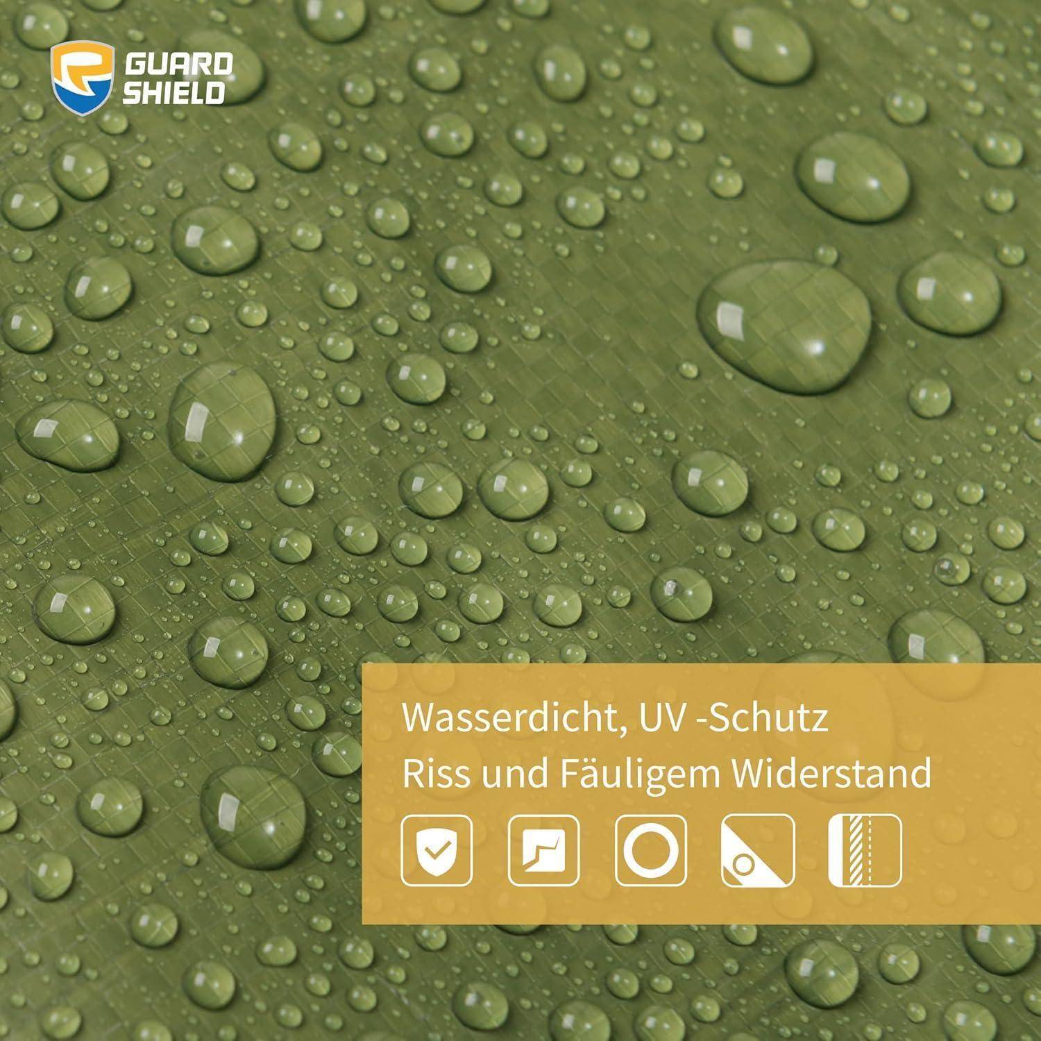 Grüne Oberfläche mit Wassertropfen. Guard Shield Logo oben links. Text in orangefarbenem Kasten: 'Wasserdicht, UV-Schutz. Riss und Fäulnis Widerstand.
