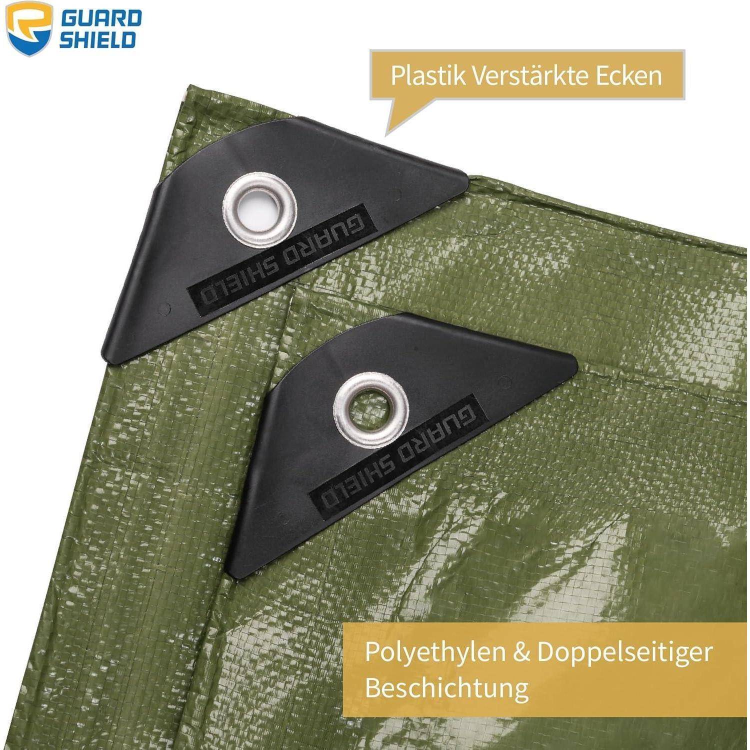 Grüne Plane mit 'GUARD SHIELD' Text auf verstärkten Plastikecken, beschriftet mit 'Plastik Verstärkte Ecken' und 'Polyethylen & Doppelseitiger Beschichtung'.