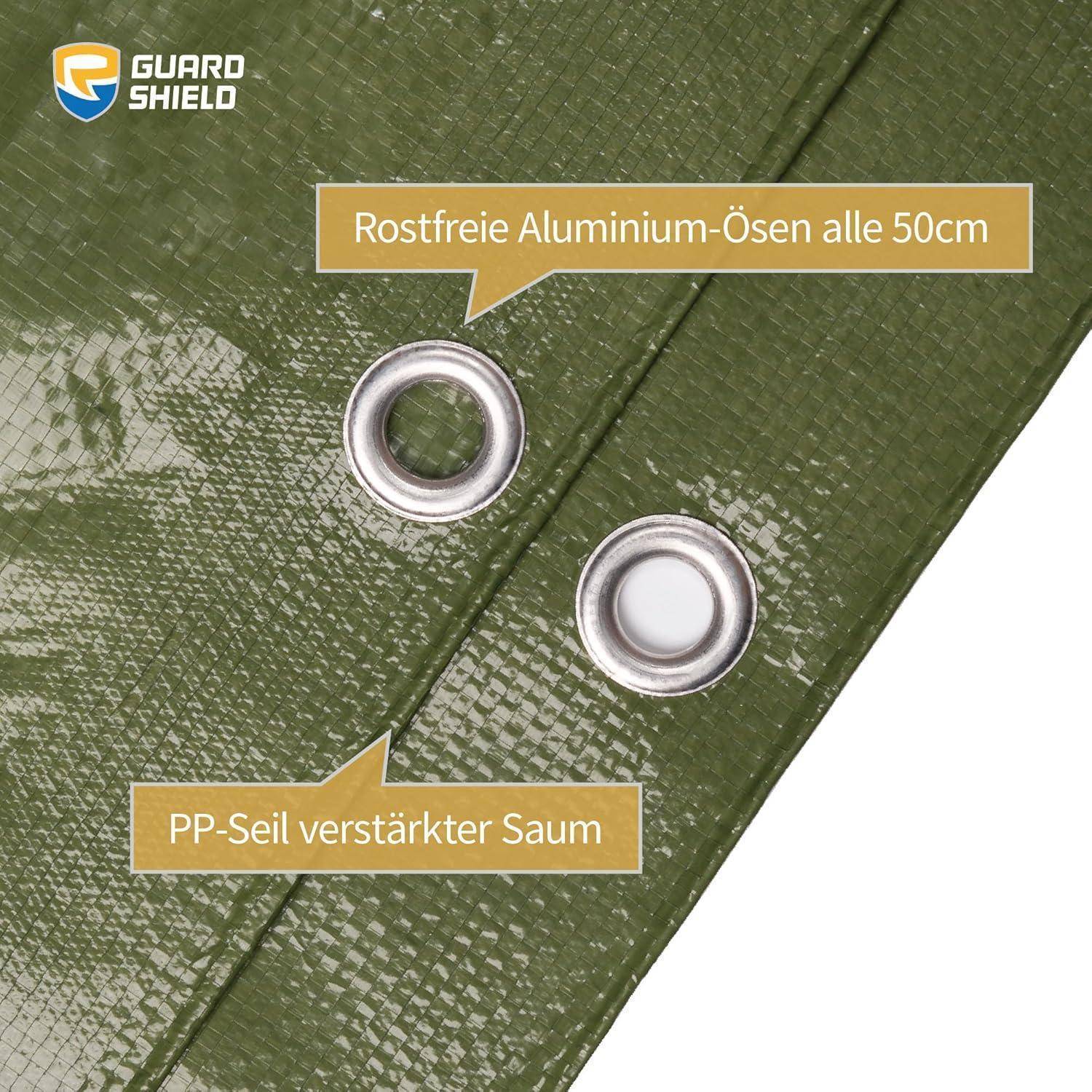 Grüne Plane mit 'Guard Shield' Logo, versehen mit Annotationen 'rostfreie Aluminium-Ösen alle 50cm' und 'PP-Seil verstärkter Saum'.