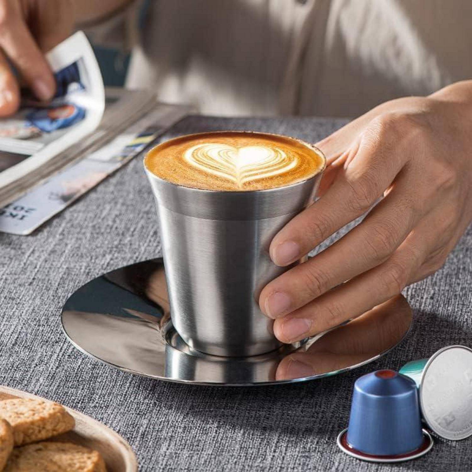 4er Set Edelstahl Espressotasse 80 ml doppelwandig hitzebeständig