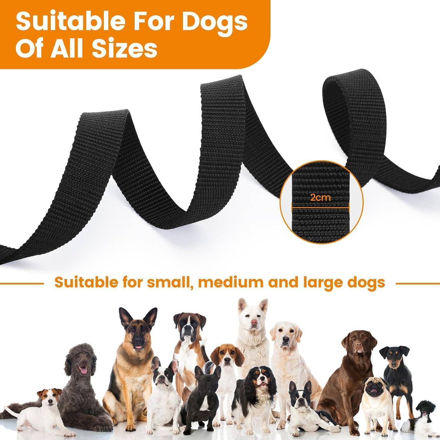 Schwarzes Hundehalsband mit Nahaufnahme seiner 2 cm Breite. Text zeigt Eignung für Hunde aller Größen, mit Bildern verschiedener Rassen.