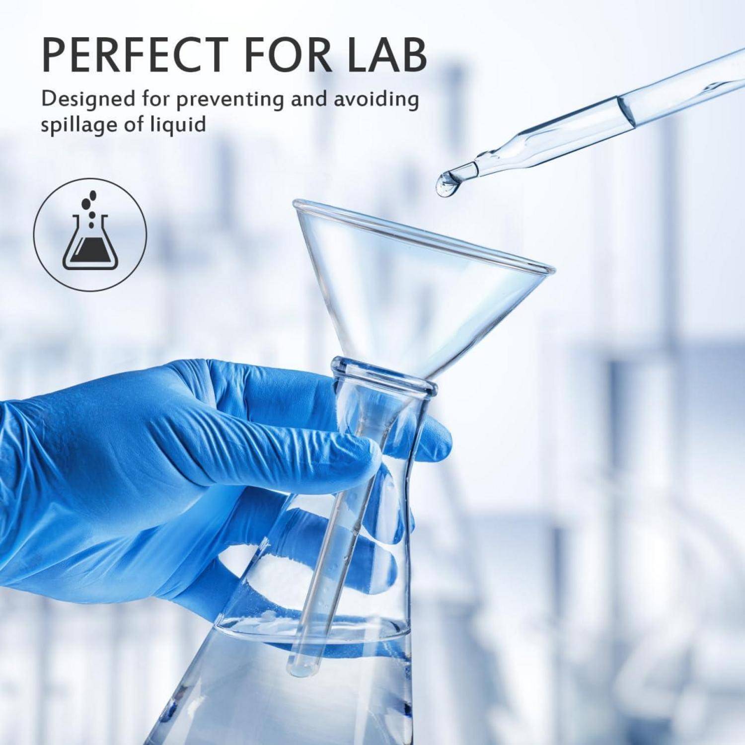 Eine Hand in einer Laborumgebung gießt Flüssigkeit aus einer Pipette in einen Trichter. Der Text lautet: 'Perfekt für das Labor. Entwickelt zur Verhinderung und Vermeidung von Flüssigkeitsaustritt.