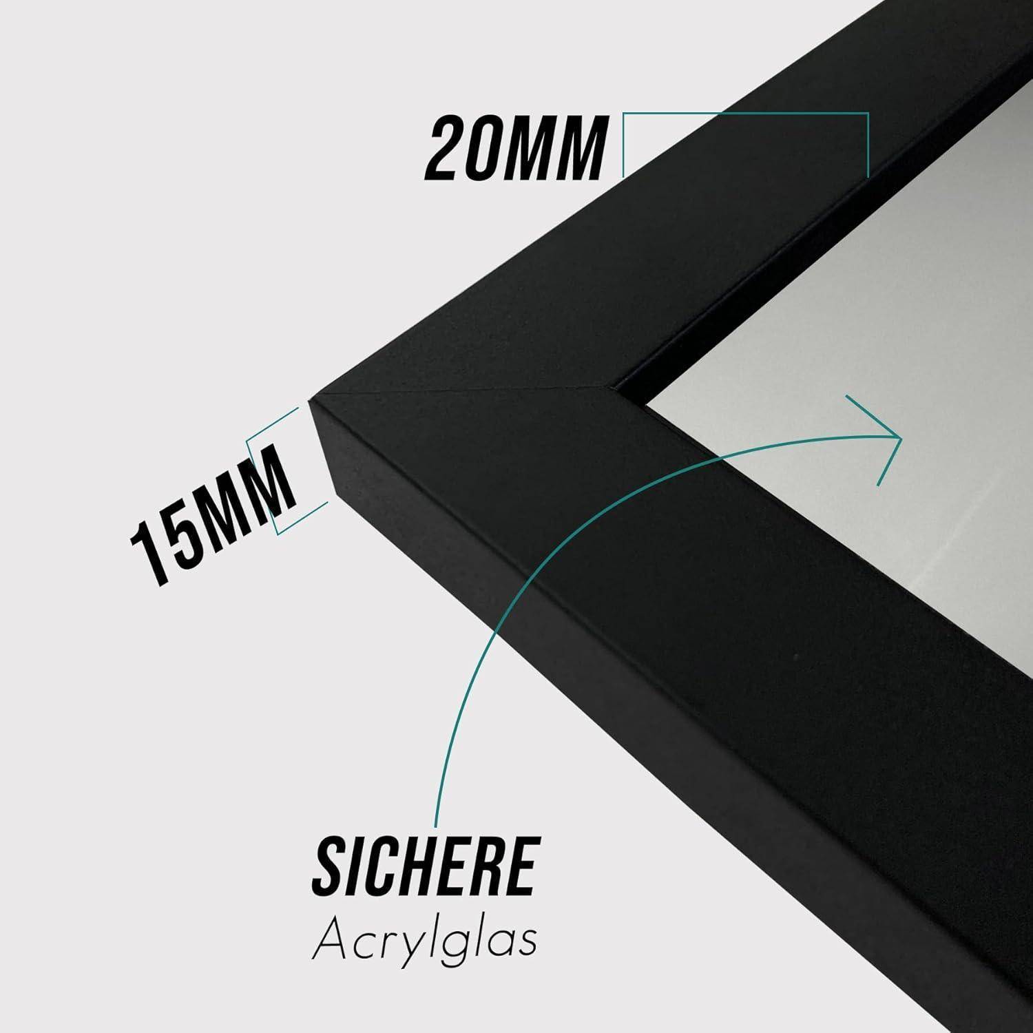 Ein schwarzer Bilderrahmen mit Maßangaben von 20 mm Breite oben und 15 mm Dicke an den Seiten, versehen mit der Beschriftung 'Sichere Acrylglas'.