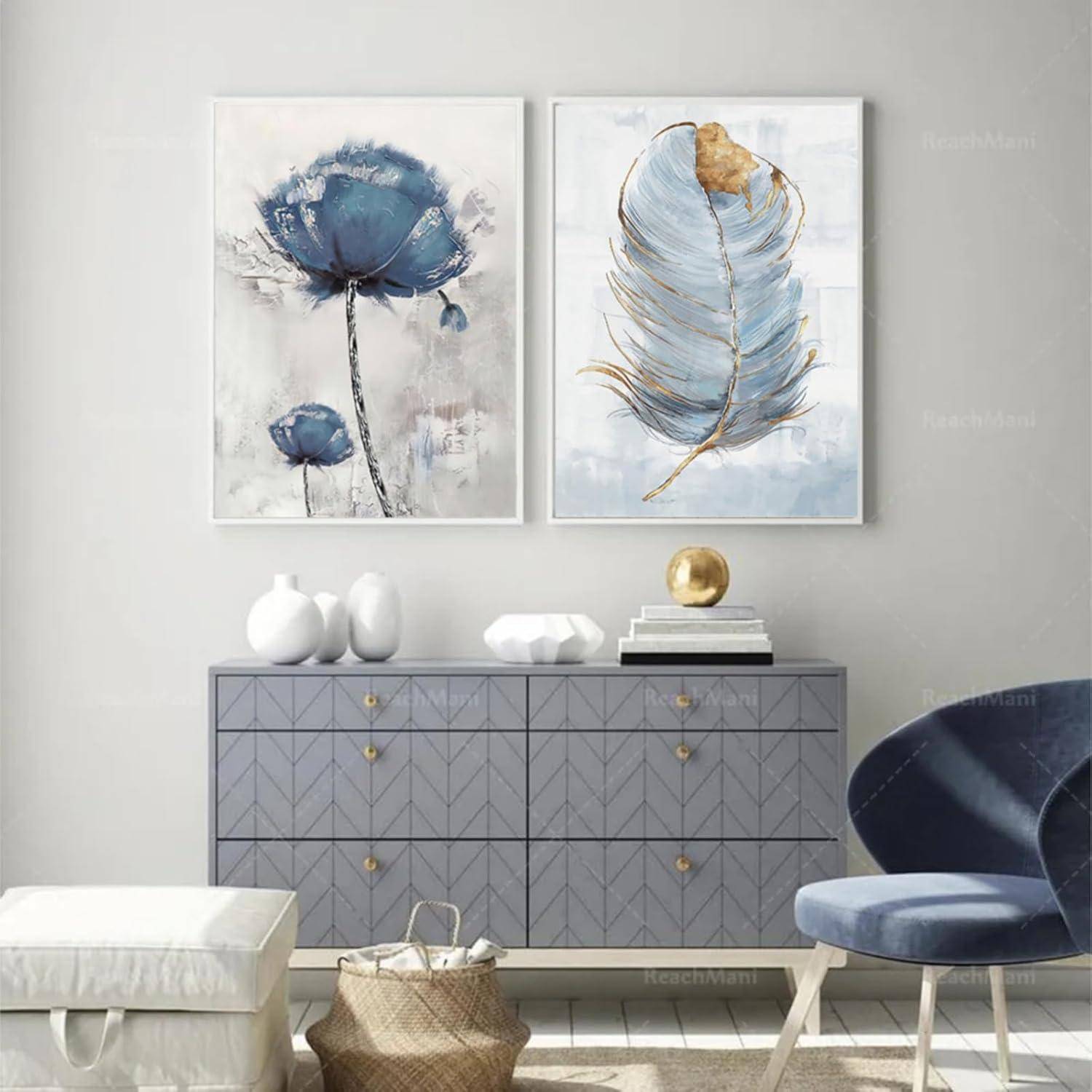 Blau Blumen Feder Wandbilder Poster 2er Set Leinwandbilder 40 x 50 cm