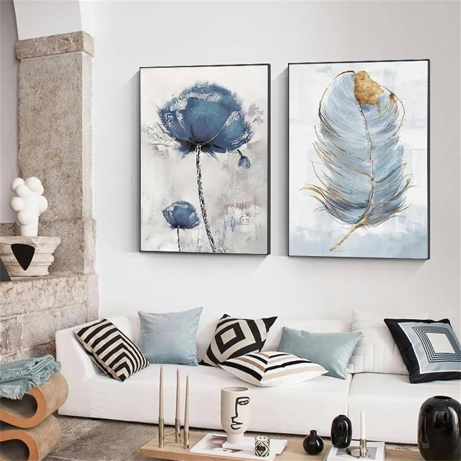 Blau Blumen Feder Wandbilder Poster 2er Set Leinwandbilder 40 x 50 cm