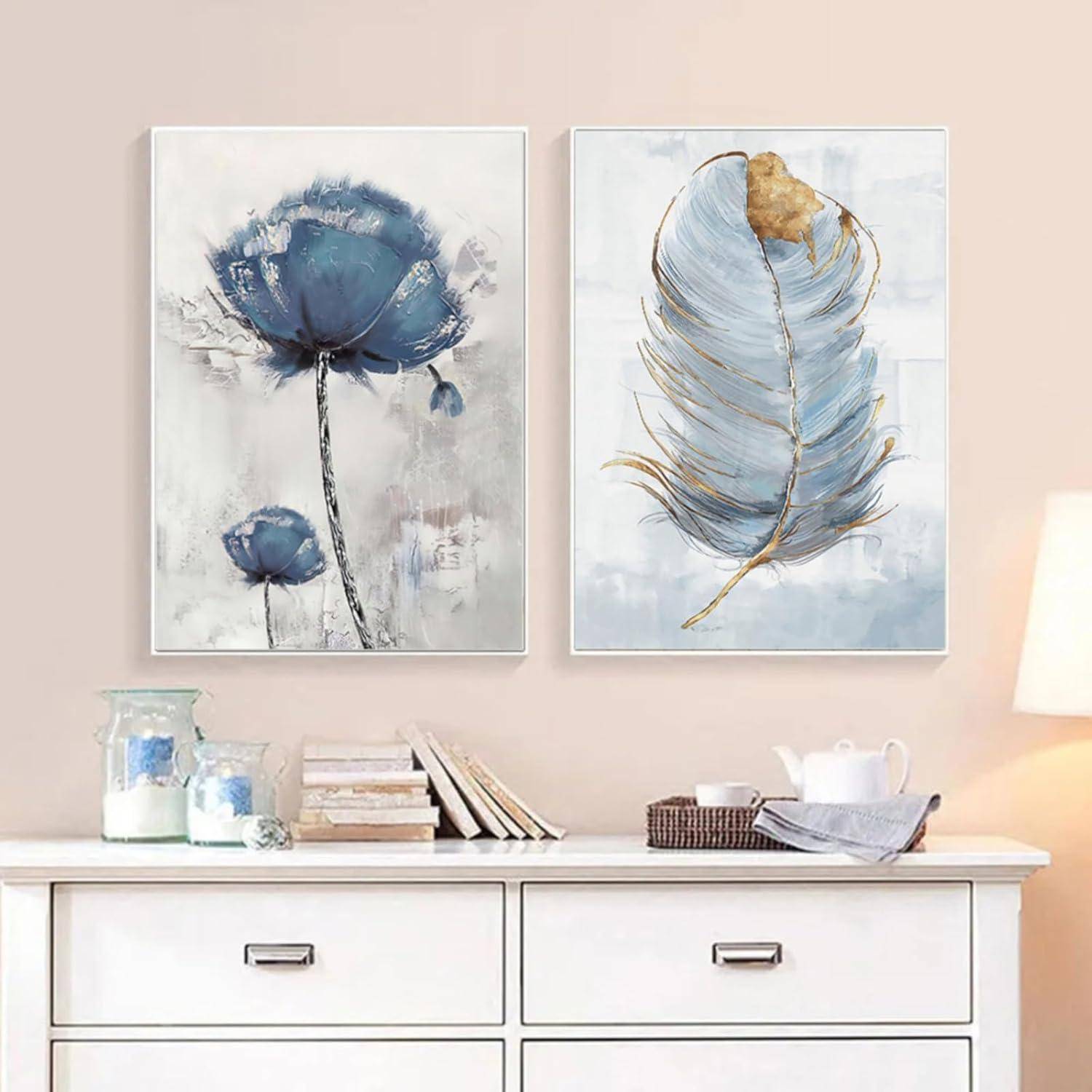 Blau Blumen Feder Wandbilder Poster 2er Set Leinwandbilder 40 x 50 cm