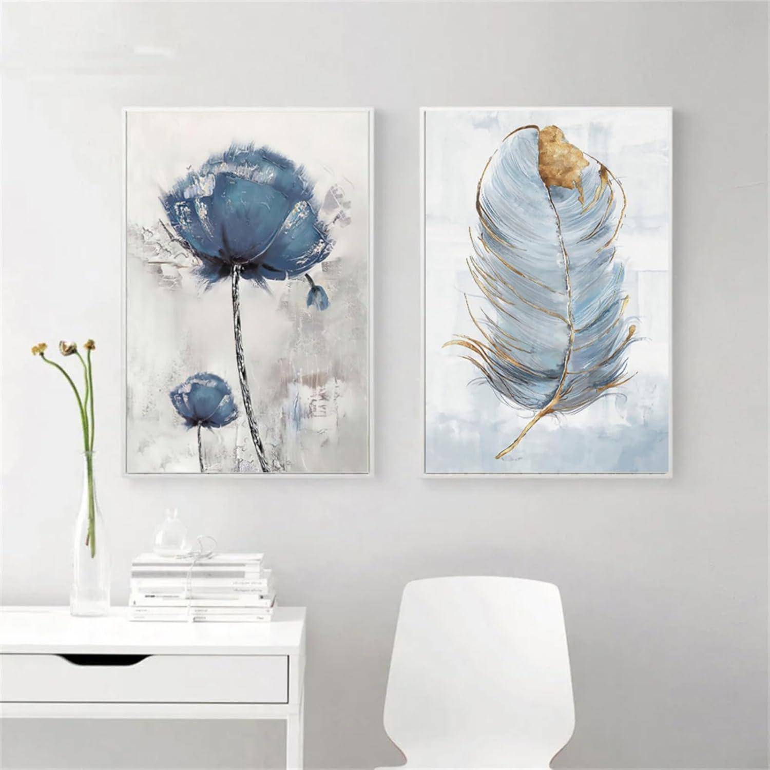 Blau Blumen Feder Wandbilder Poster 2er Set Leinwandbilder 40 x 50 cm