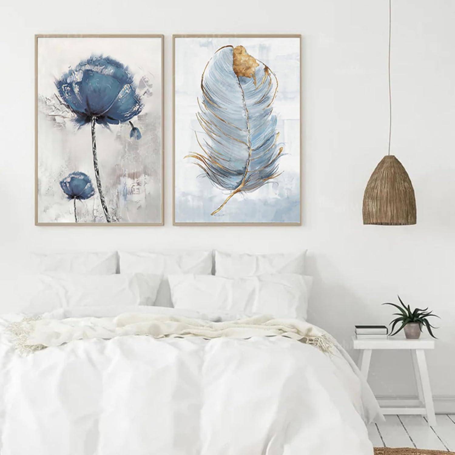 Blau Blumen Feder Wandbilder Poster 2er Set Leinwandbilder 40 x 50 cm
