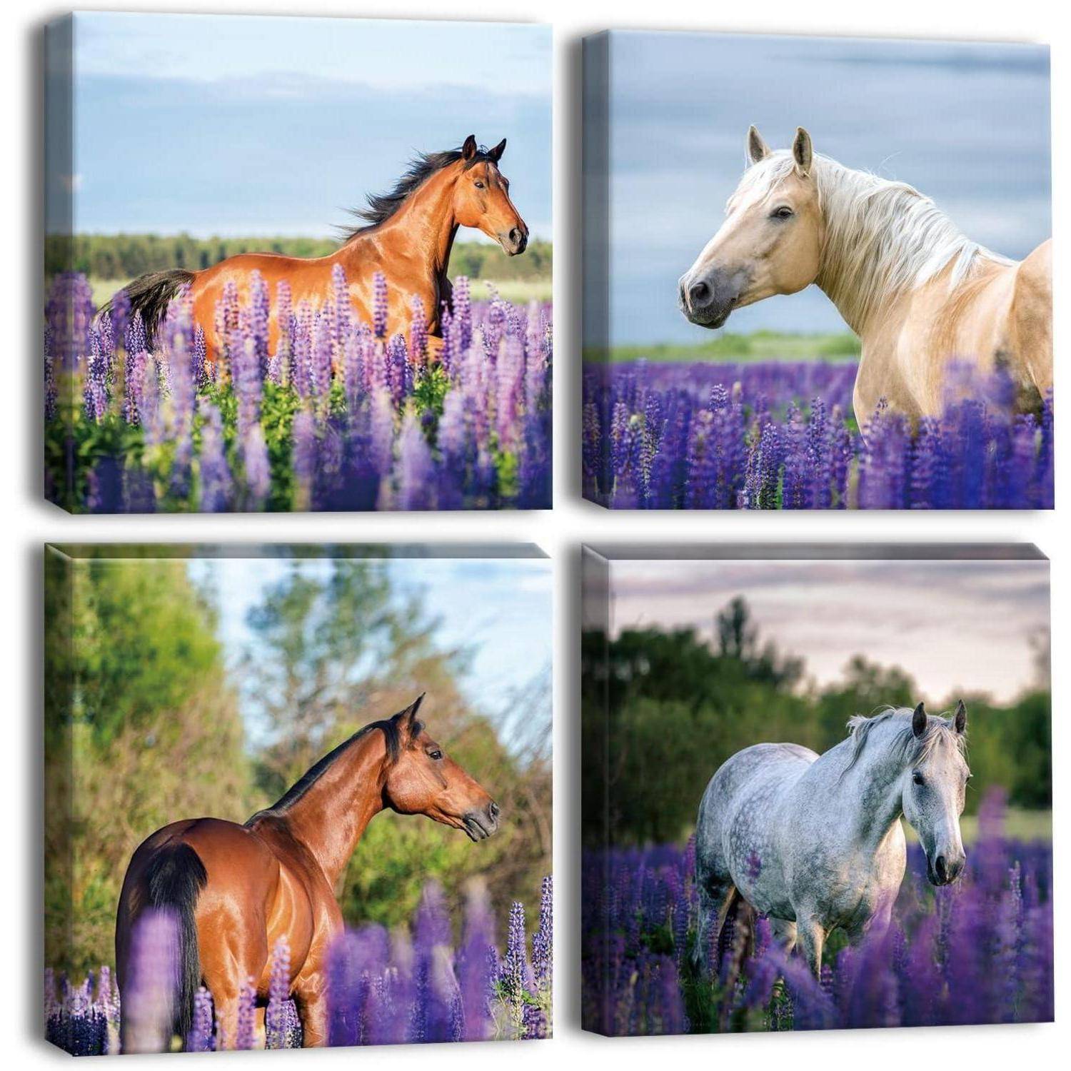 4-teiliges Leinwandbild Lila Lavendel und Pferd 30x30cm - Moderne