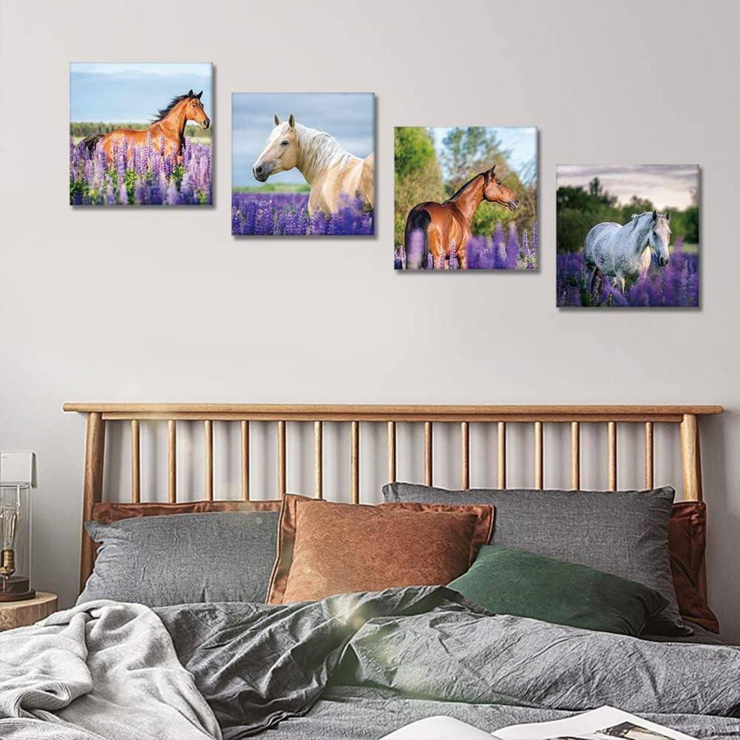 4-teiliges Leinwandbild Lila Lavendel und Pferd 30x30cm - Moderne