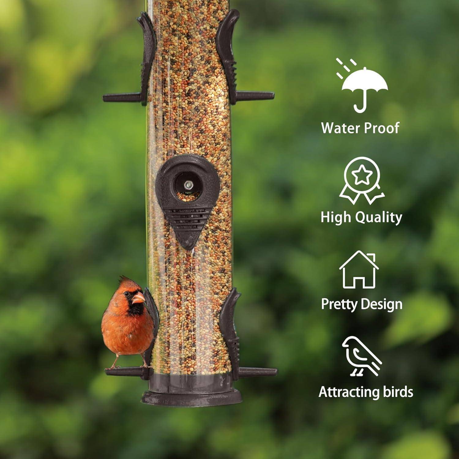 Ein Vogel saß auf einem durchsichtigen Futterhaus, das mit Samen gefüllt war. Symbole daneben zeigen wasserdicht, hochwertig, hübsches Design und vogelanlockend.
