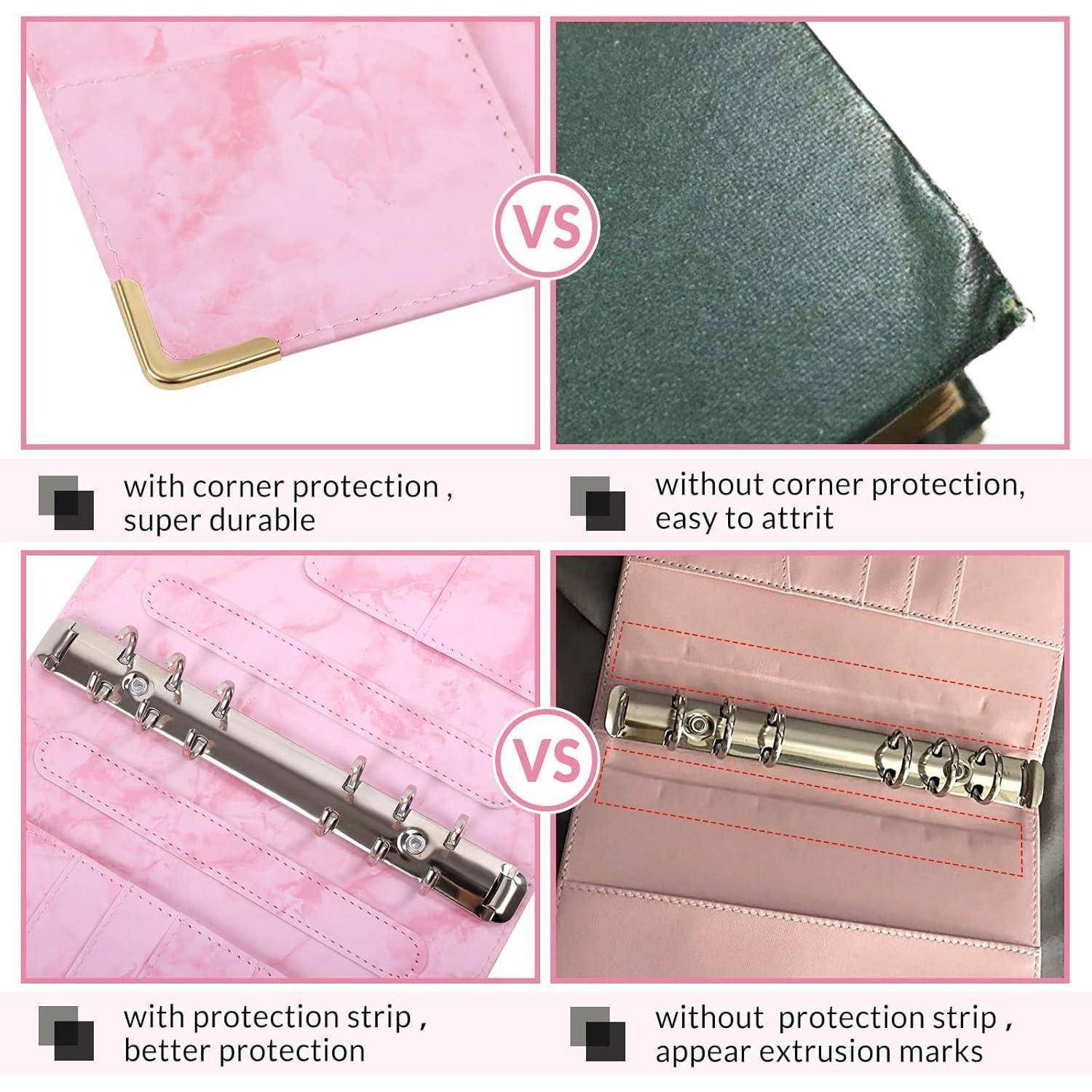 Vergleich von rosa Ringbucheinbänden: links mit Eckkantenschutz, rechts ohne; links mit Schutzstreifen, rechts ohne, mit sichtbaren Verschleißspuren.