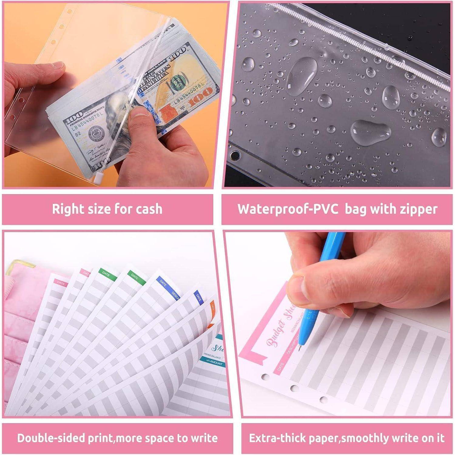 Durchsichtige Plastikschutzhüllen, die Bargeld schützen und einen wasserdichten Reißverschlussbeutel mit beschreibbaren Linierungen zeigen, wobei Haltbarkeit und Funktionalität hervorgehoben werden.