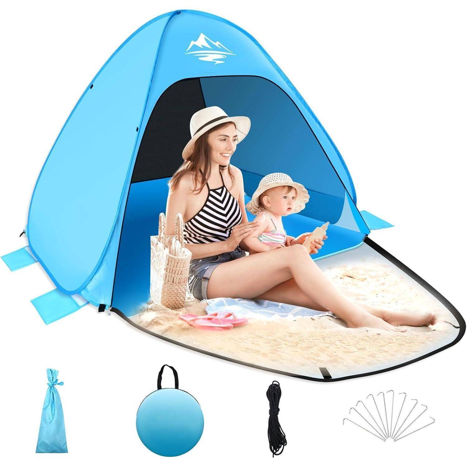 Strandmuschel Pop Up Zelt für 2-3 Personen UV50+ Schutz QLabel Sun