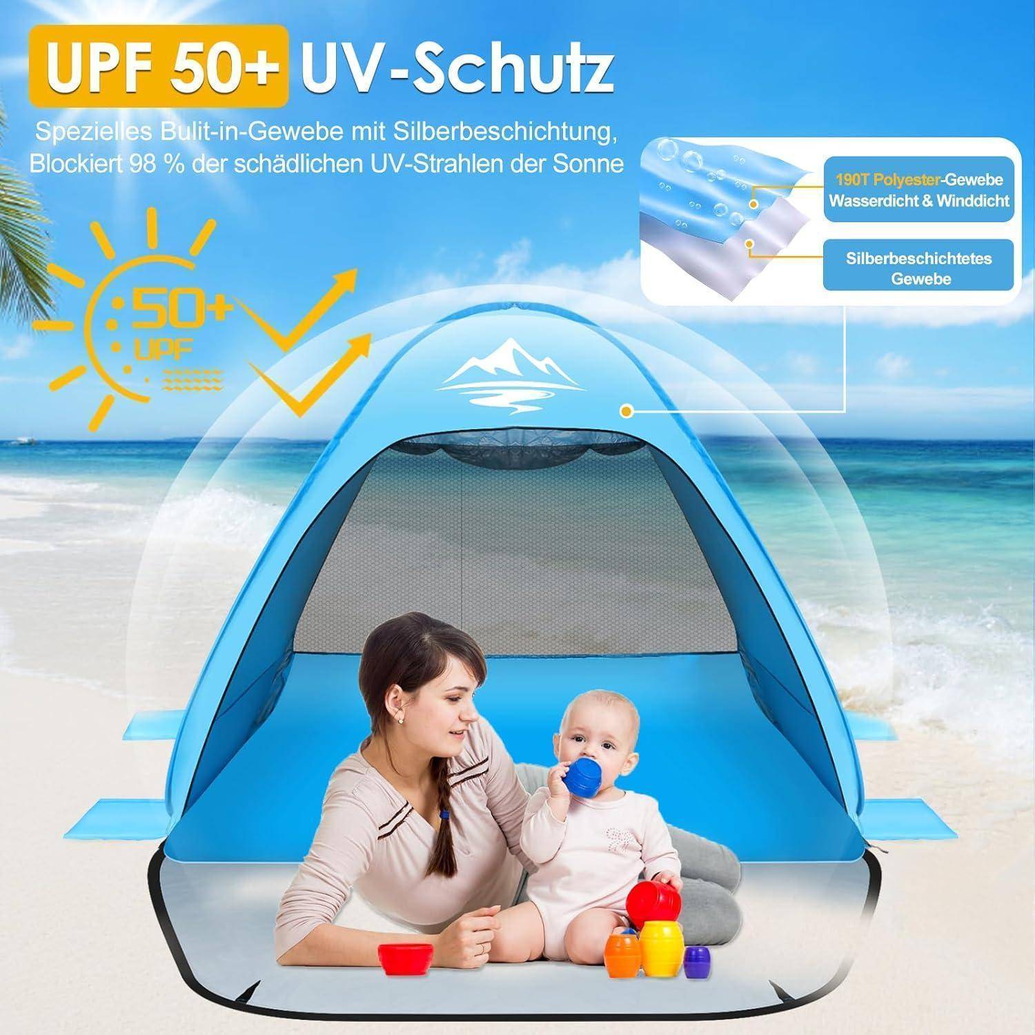 Strandmuschel Pop Up Zelt für 2-3 Personen UV50+ Schutz QLabel Sun