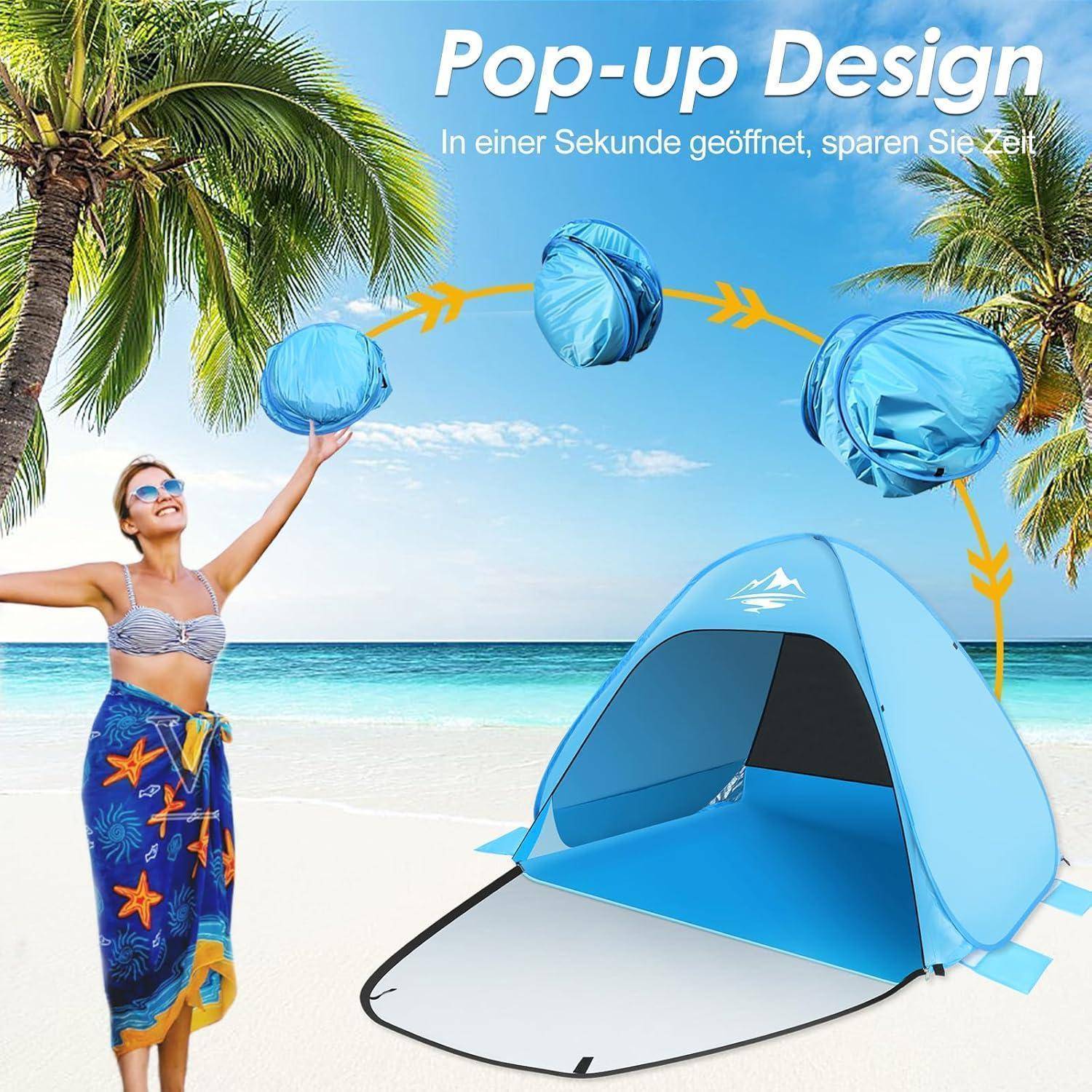 Strandmuschel Pop Up Zelt für 2-3 Personen UV50+ Schutz QLabel Sun