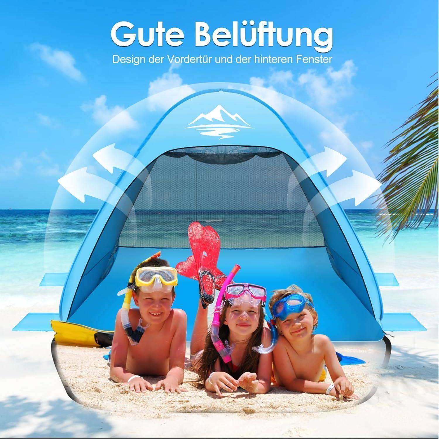 Strandmuschel Pop Up Zelt für 2-3 Personen UV50+ Schutz QLabel Sun