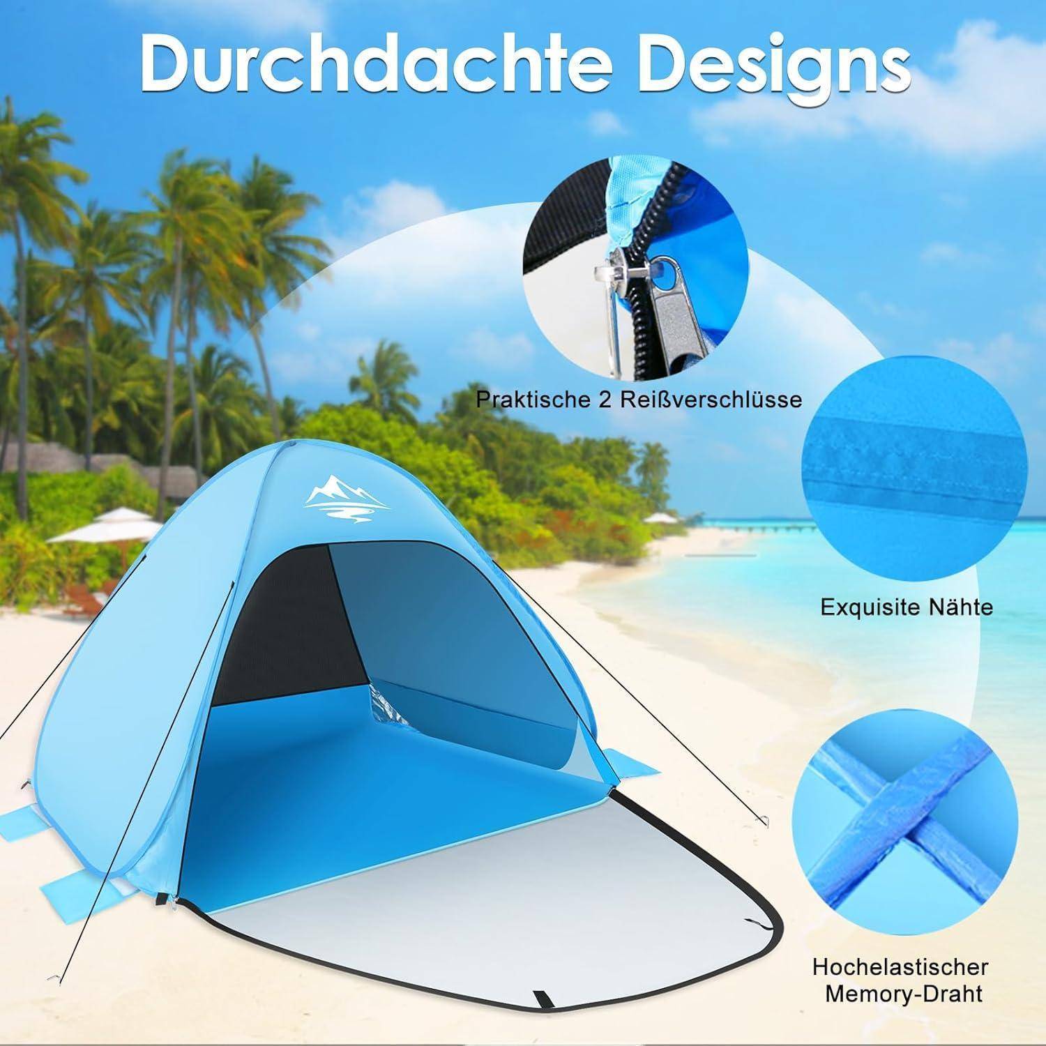 Strandmuschel Pop Up Zelt für 2-3 Personen UV50+ Schutz QLabel Sun