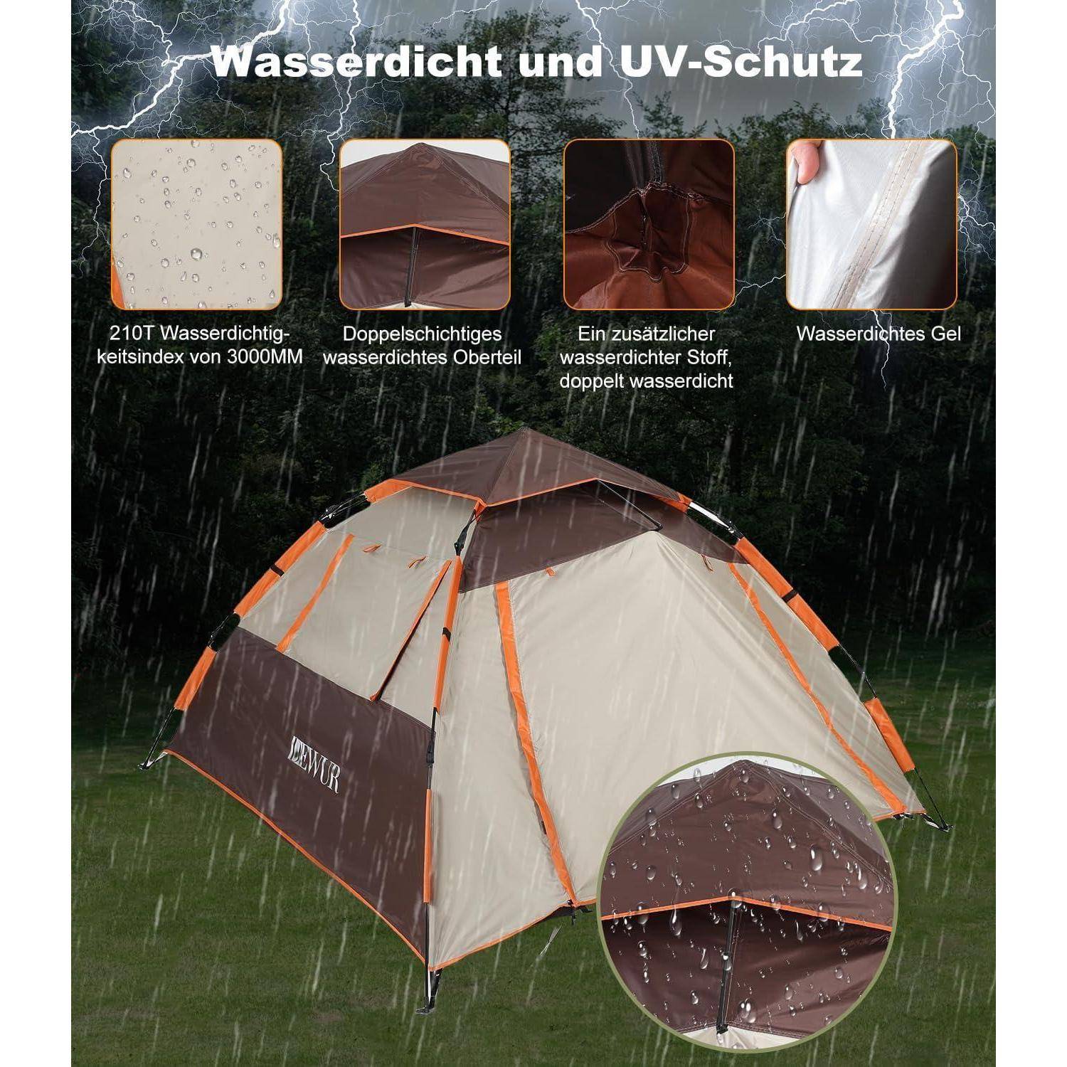 Camping Zelt 4 Personen Pop up Kuppelzelt Wasserdicht Winddicht 2 in 1