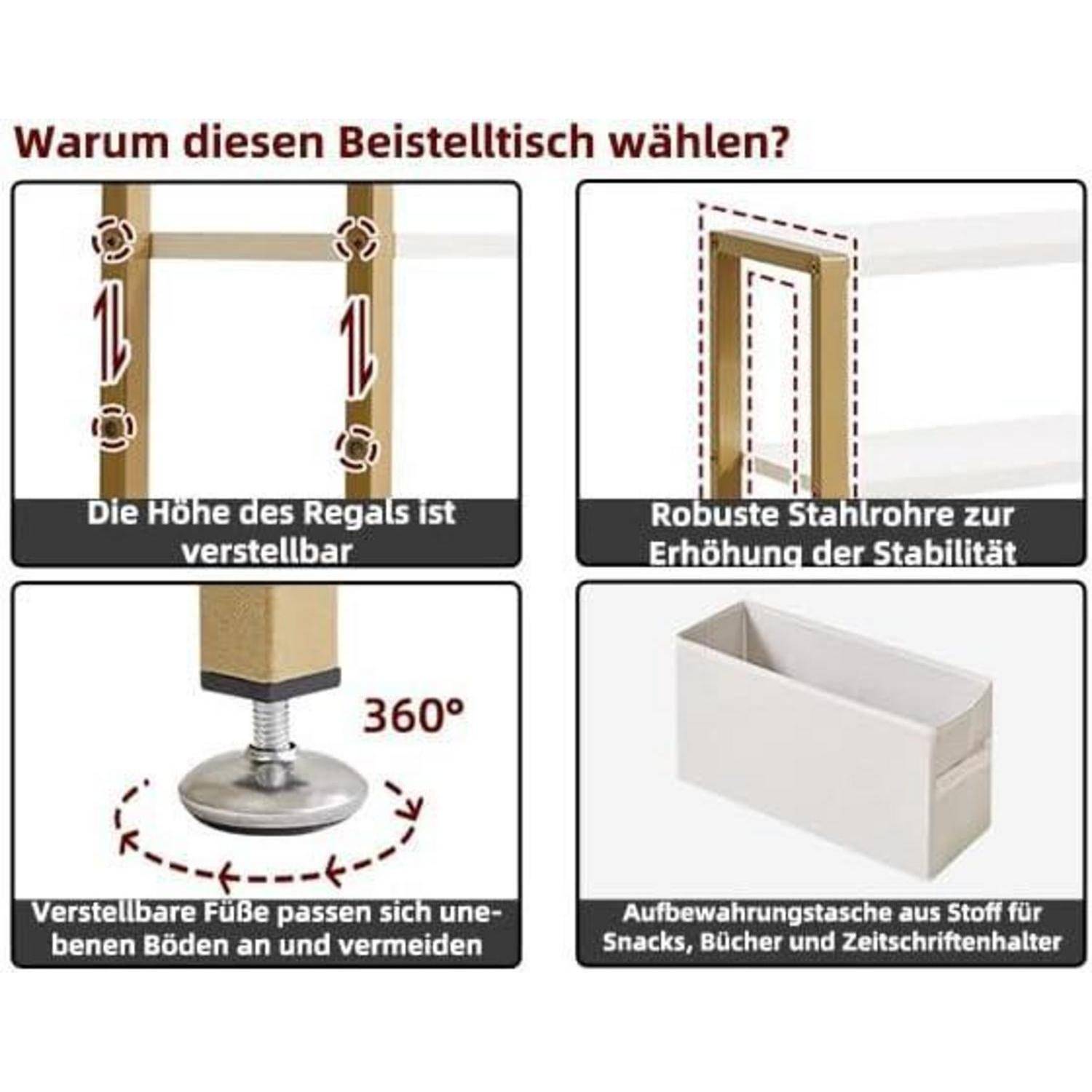 Schmaler Beistelltisch mit Stoffkorb und Metallrahmen