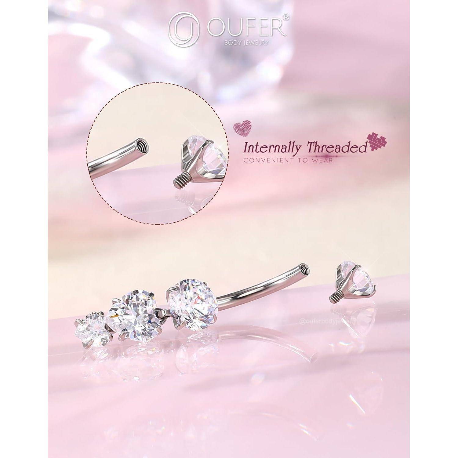 Bauchnabelpiercing 14G Innengewinde Titan G23 Herz CZ 14G10mm