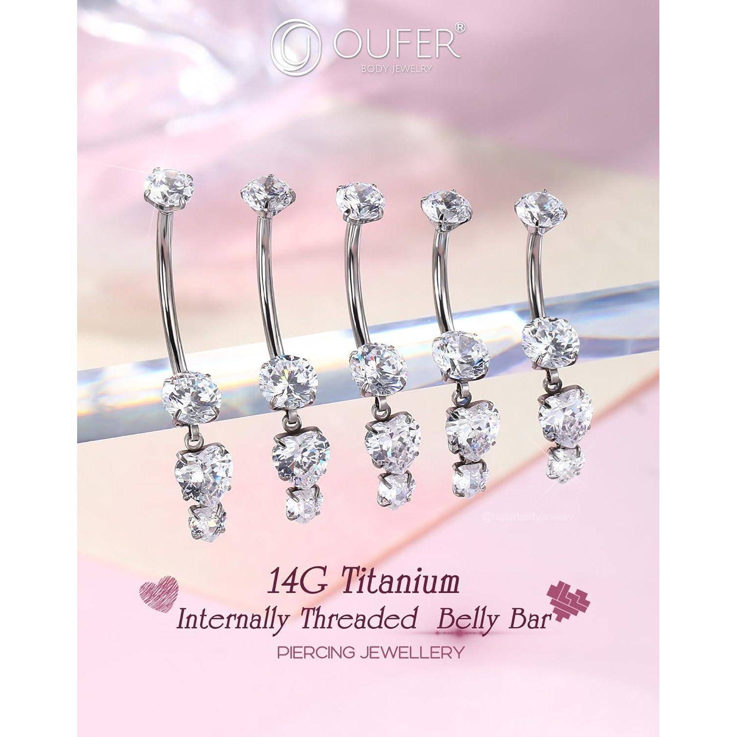 Bauchnabelpiercing 14G Innengewinde Titan G23 Herz CZ 14G10mm