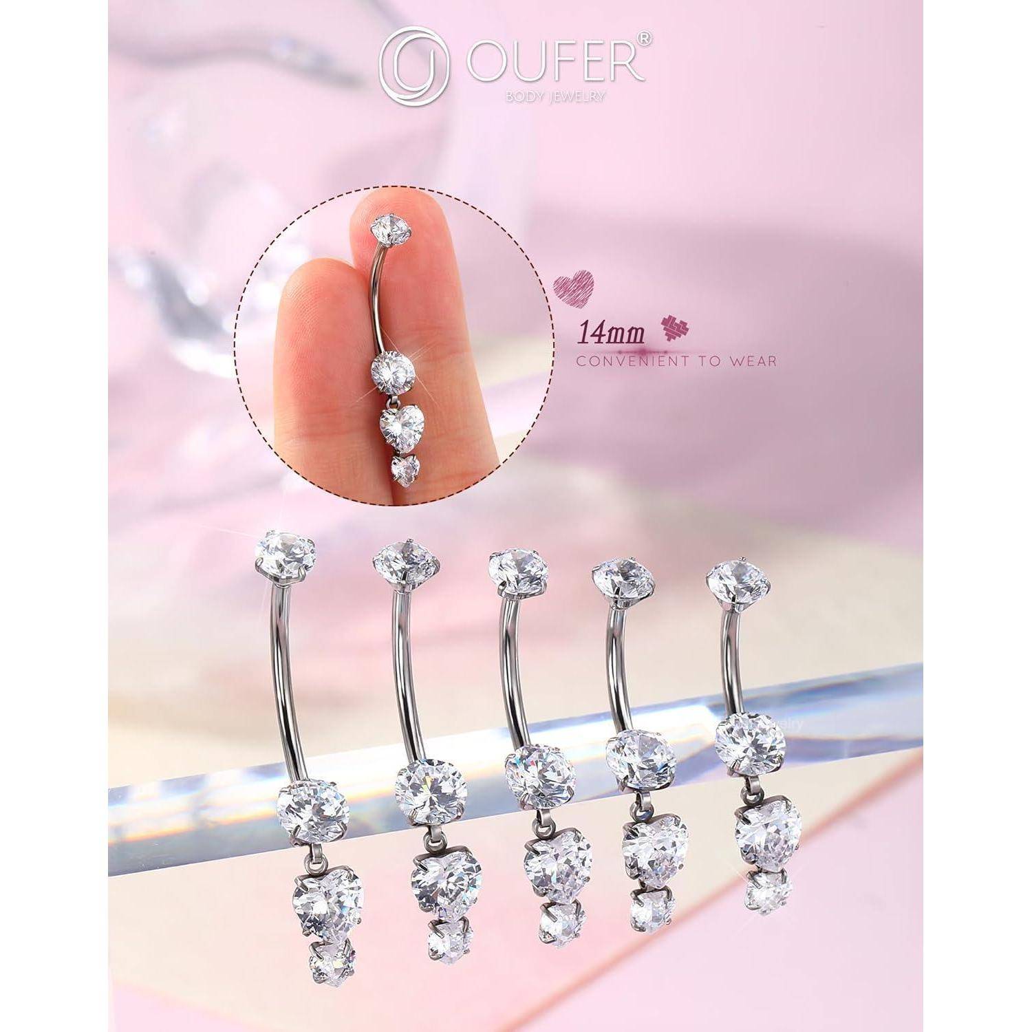 Bauchnabelpiercing 14G Innengewinde Titan G23 Herz CZ 14G10mm