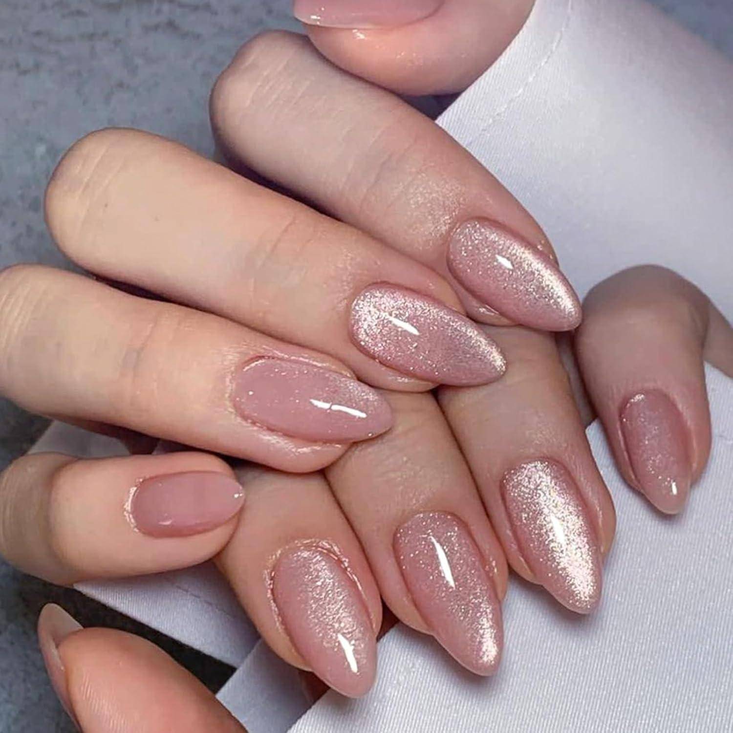 24 Stück Kurze Künstliche Nägel Mandel Rosa Nude French Ballerina