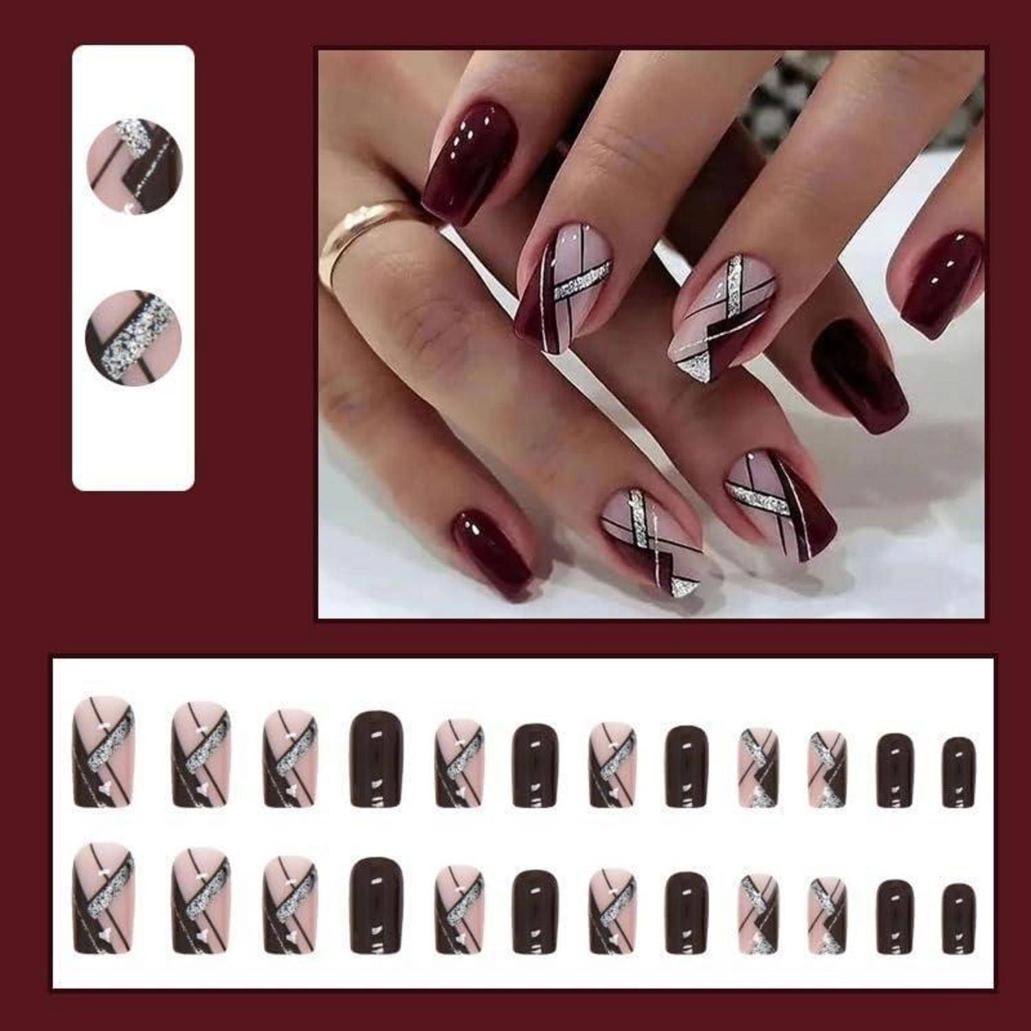 24 Stück Burgundy Rot Silber Glitter Eckig Press on Nägel Mittel