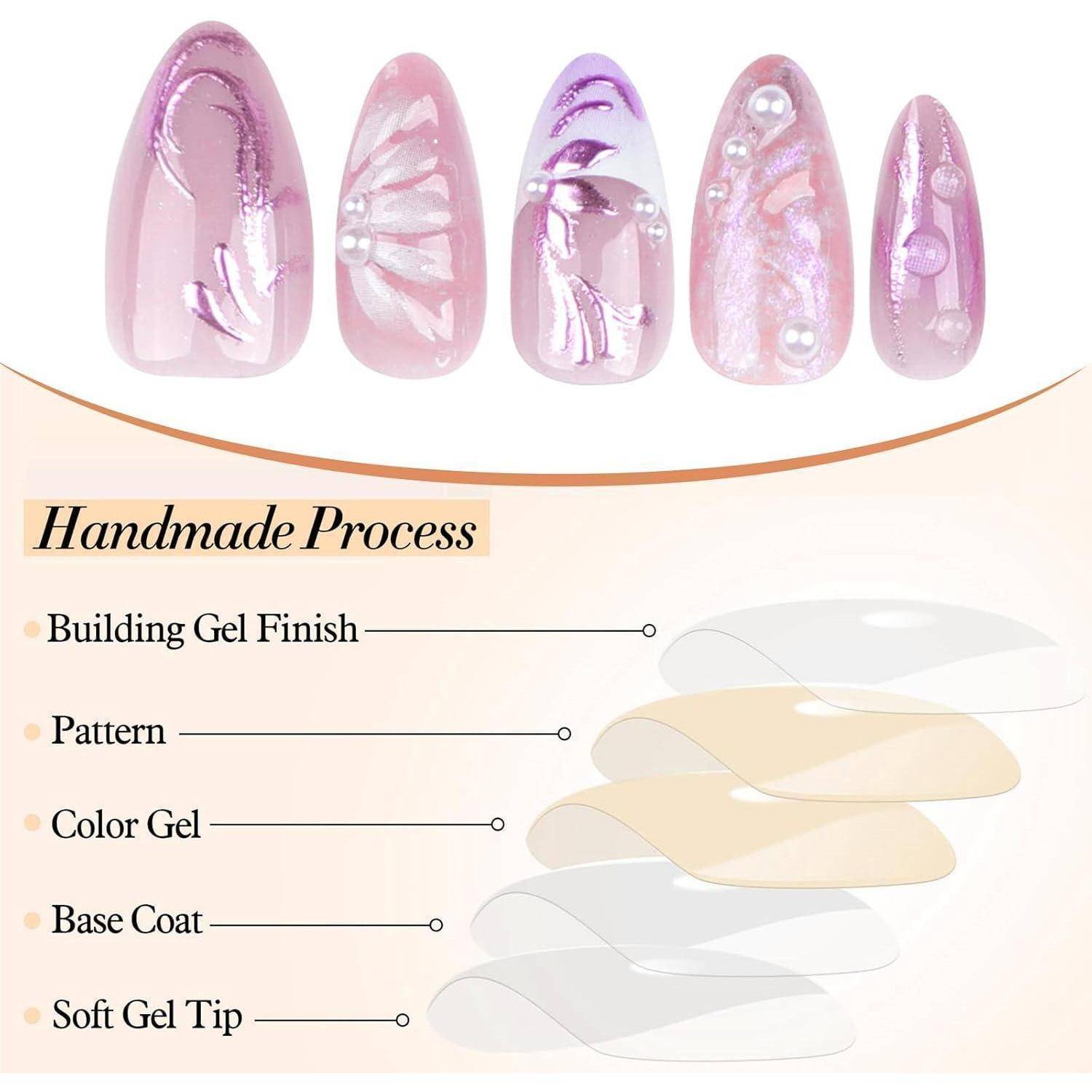 3D Press on Nägel Charms Blumen Perl Pink Akrylnägel Mandelform Cute