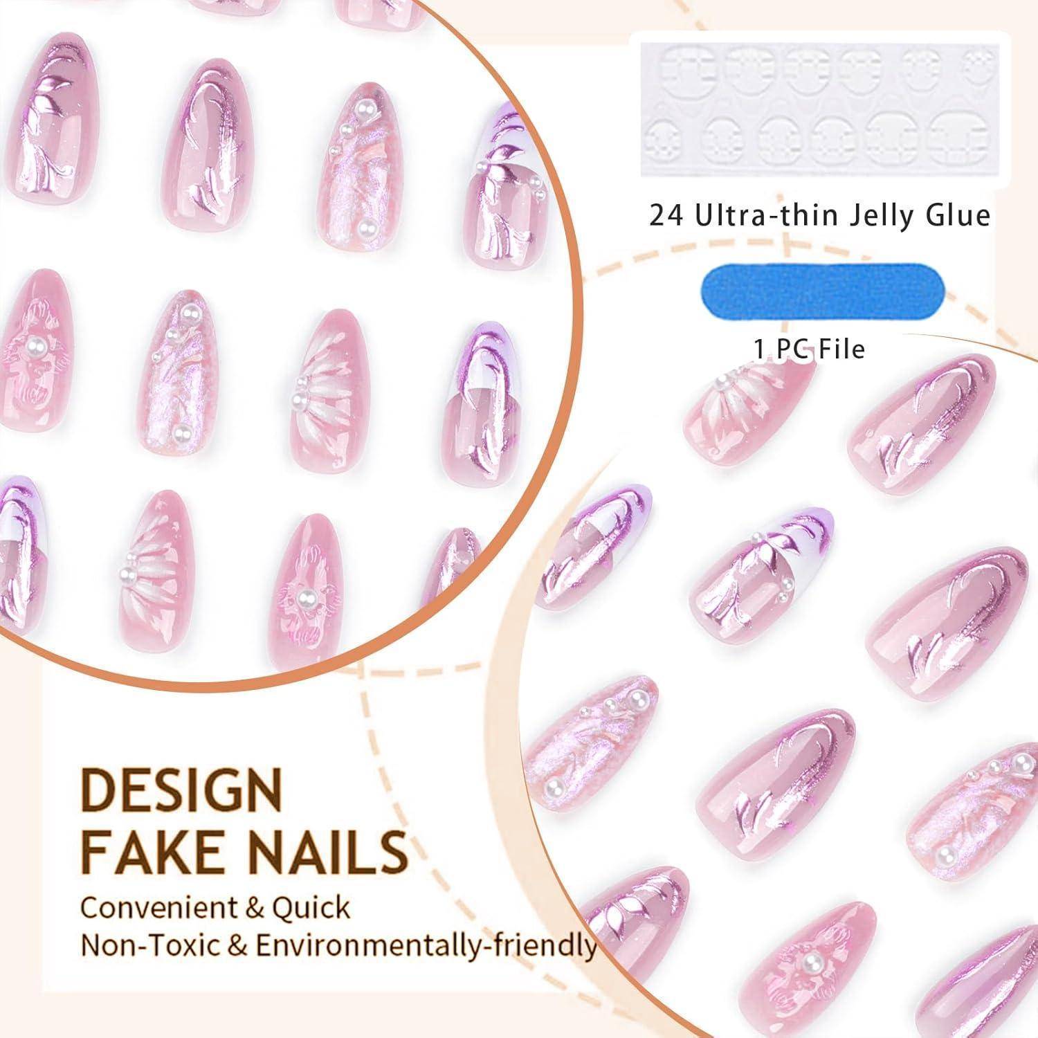 3D Press on Nägel Charms Blumen Perl Pink Akrylnägel Mandelform Cute