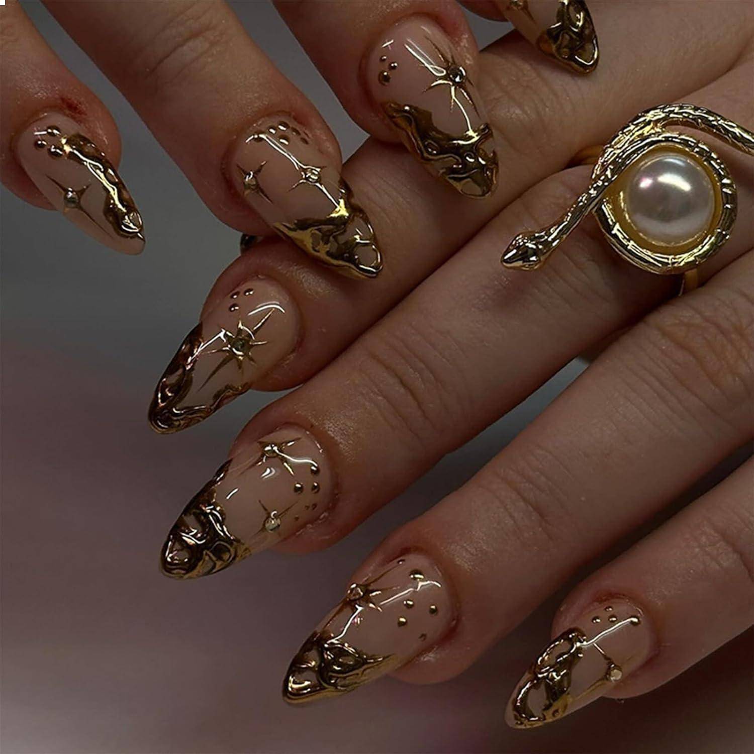 24 Stück Mandel Press On Nails 3D Mittel Französische Falsche Nails