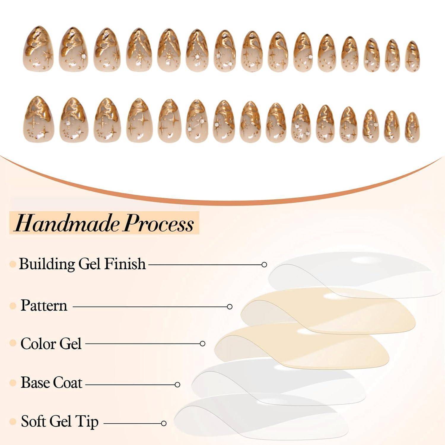 24 Stück Mandel Press On Nails 3D Mittel Französische Falsche Nails