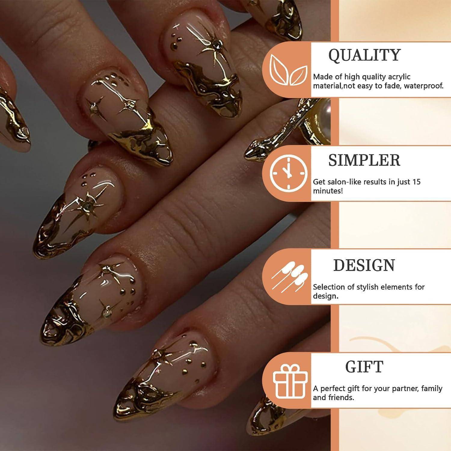 24 Stück Mandel Press On Nails 3D Mittel Französische Falsche Nails