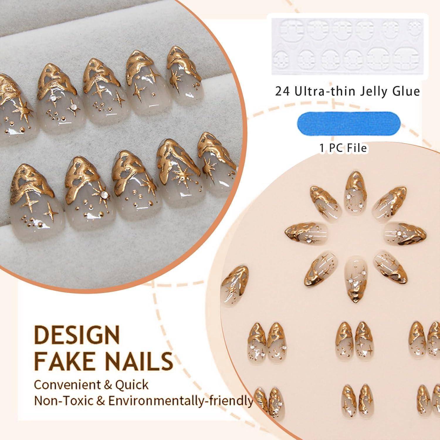 24 Stück Mandel Press On Nails 3D Mittel Französische Falsche Nails