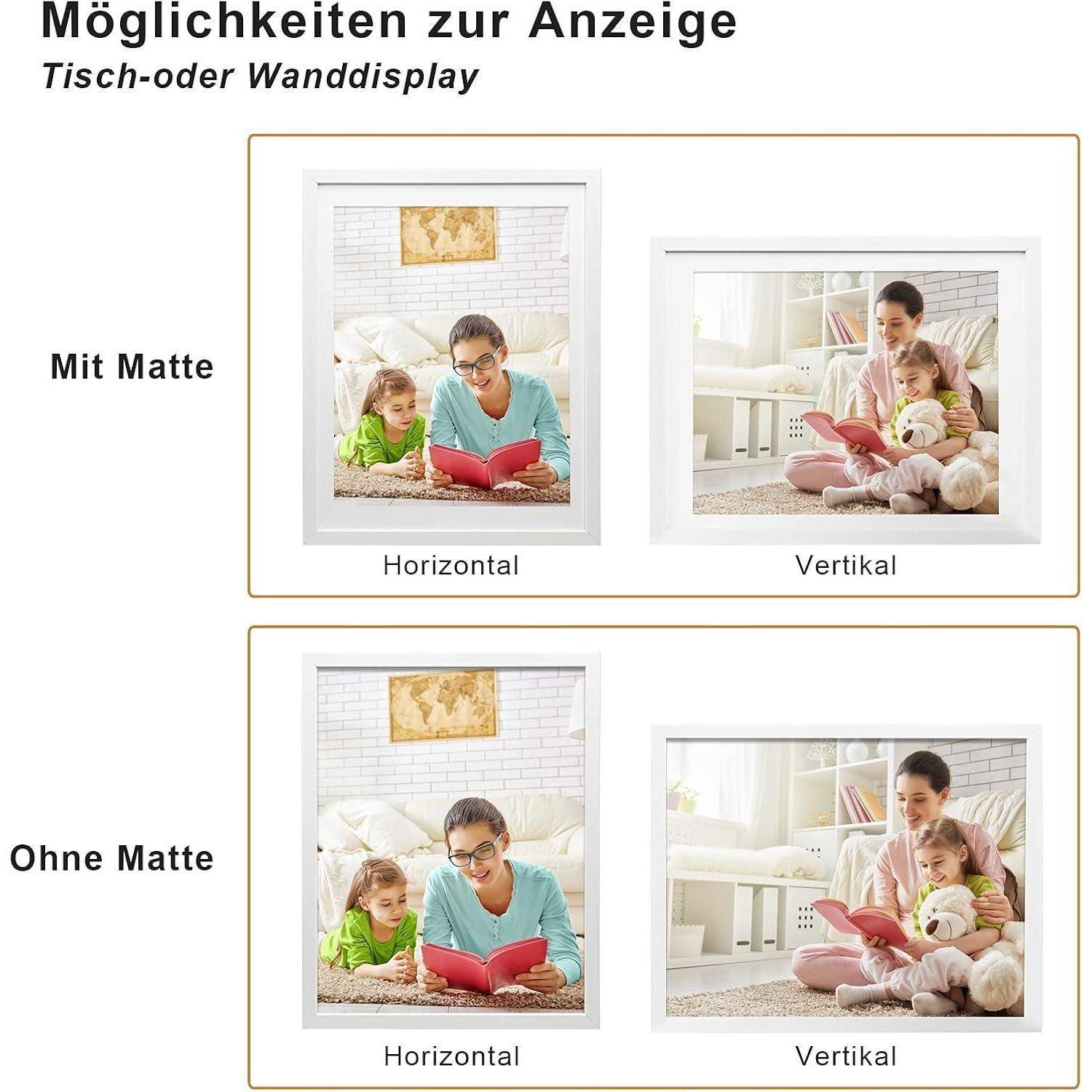 Zwei Frames, die eine Frau und ein Kind beim Lesen zeigen: die obere Reihe mit Matten, beschriftet mit ‚Mit Matte', zeigt horizontale und vertikale Ausrichtungen; die untere Reihe ohne Matten, beschriftet mit ‚Ohne Matte'.