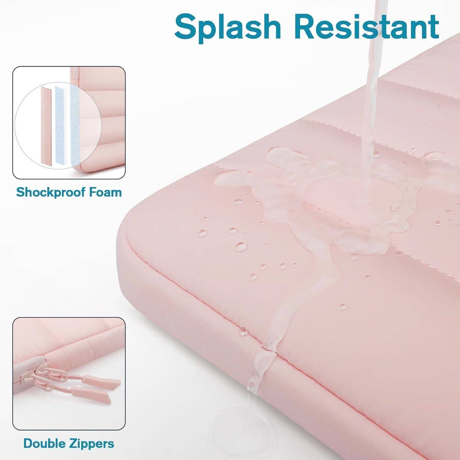 Spritzwasserfeste rosa Hülle mit Wasserspritzmotiv, ausgestattet mit stoßdämpfendem Schaum, Doppelreißverschlüssen und schützender Polsterung.