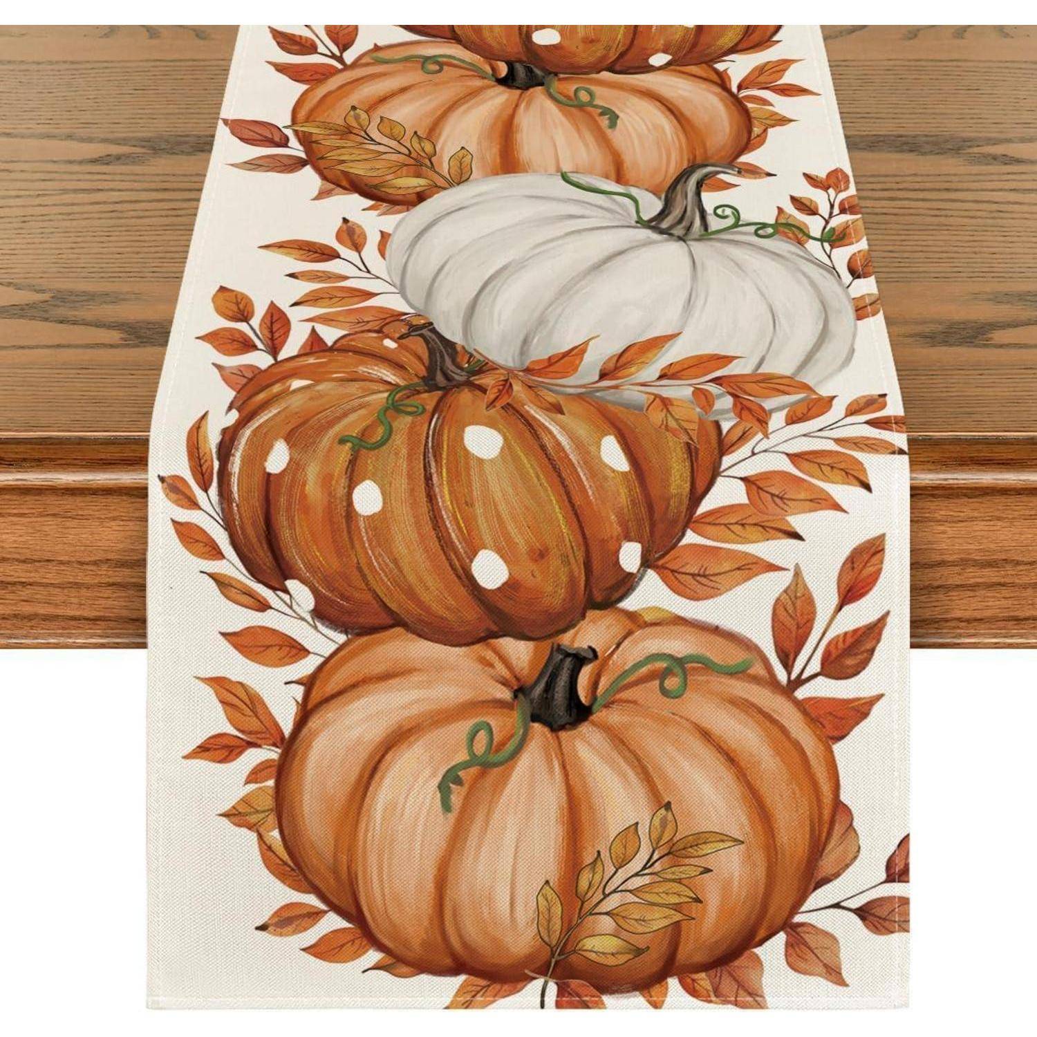 Tischläufer Herbst Kürbisse Blätter Planken Küche 40 x 100 cm Beige