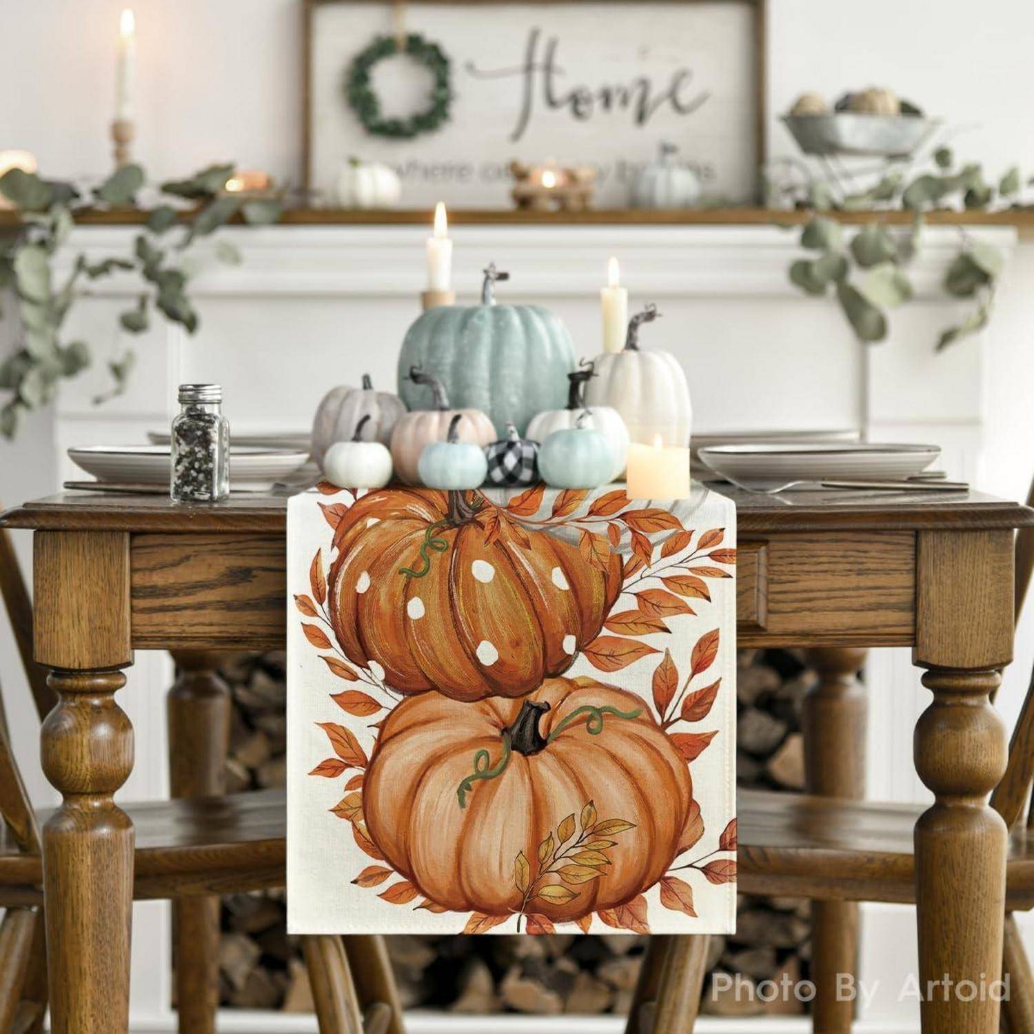 Tischläufer Herbst Kürbisse Blätter Planken Küche 40 x 100 cm Beige